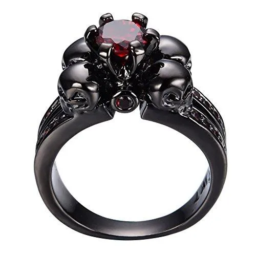 Jewelry Womens Red Lab Stone Skulls Ring Engagement Wedding Black Gold Plated Garnet Womens Ring Size 5-10