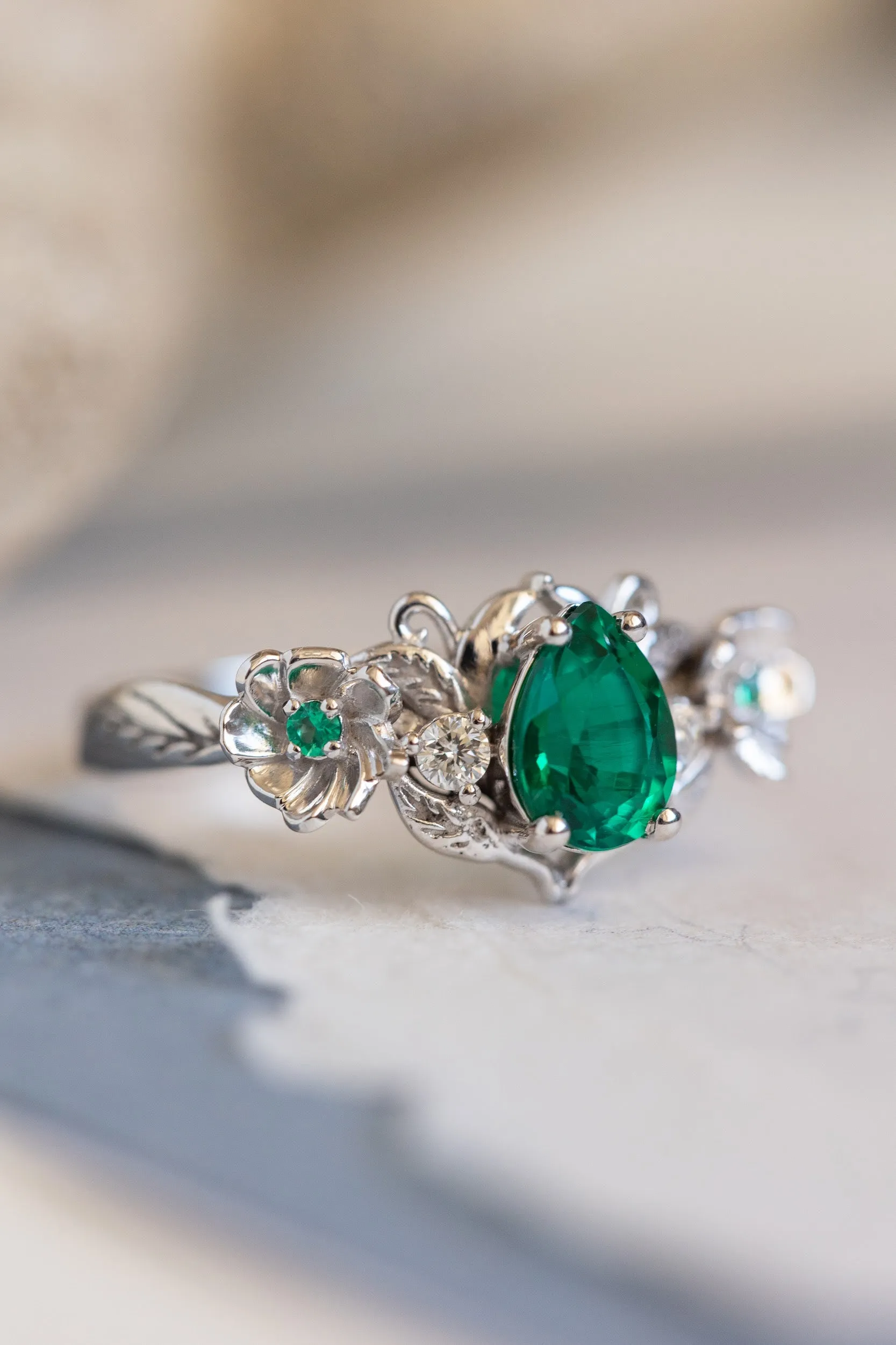 Lab-created emerald engagement ring set, unique flower style bridal ring set / Adelina