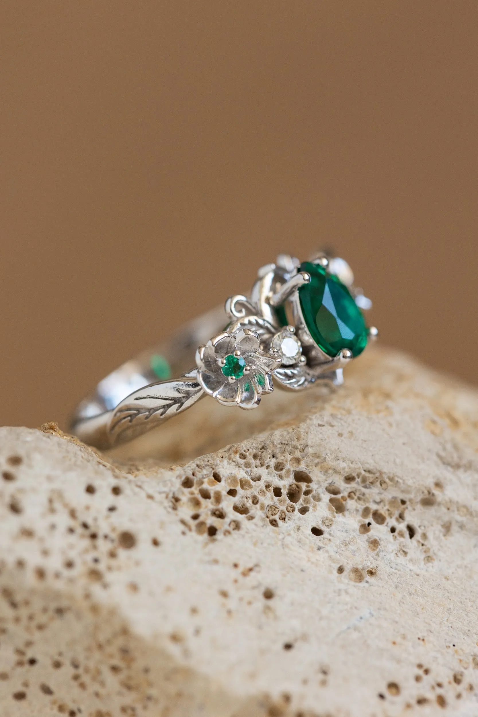 Lab-created emerald engagement ring set, unique flower style bridal ring set / Adelina