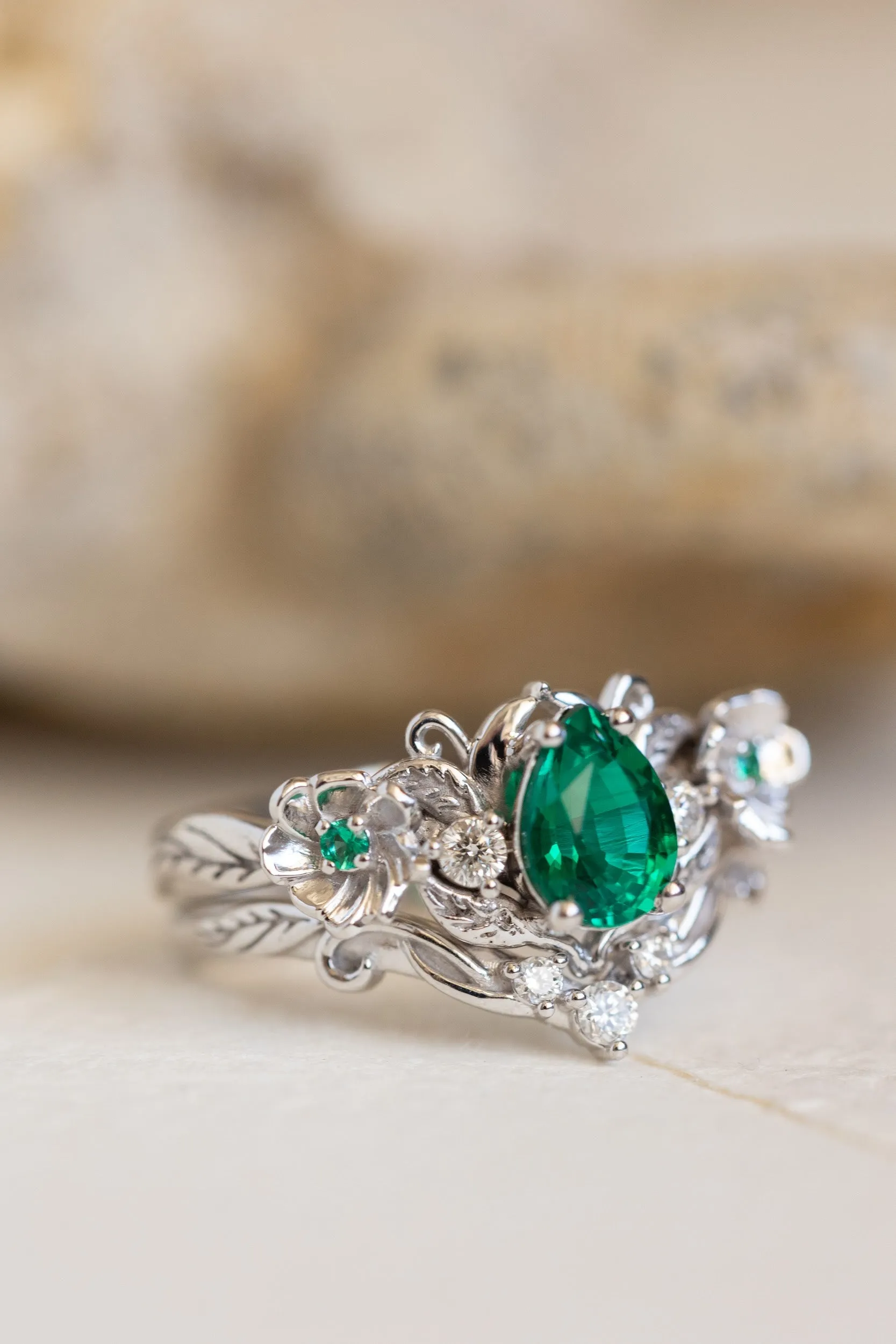 Lab-created emerald engagement ring set, unique flower style bridal ring set / Adelina