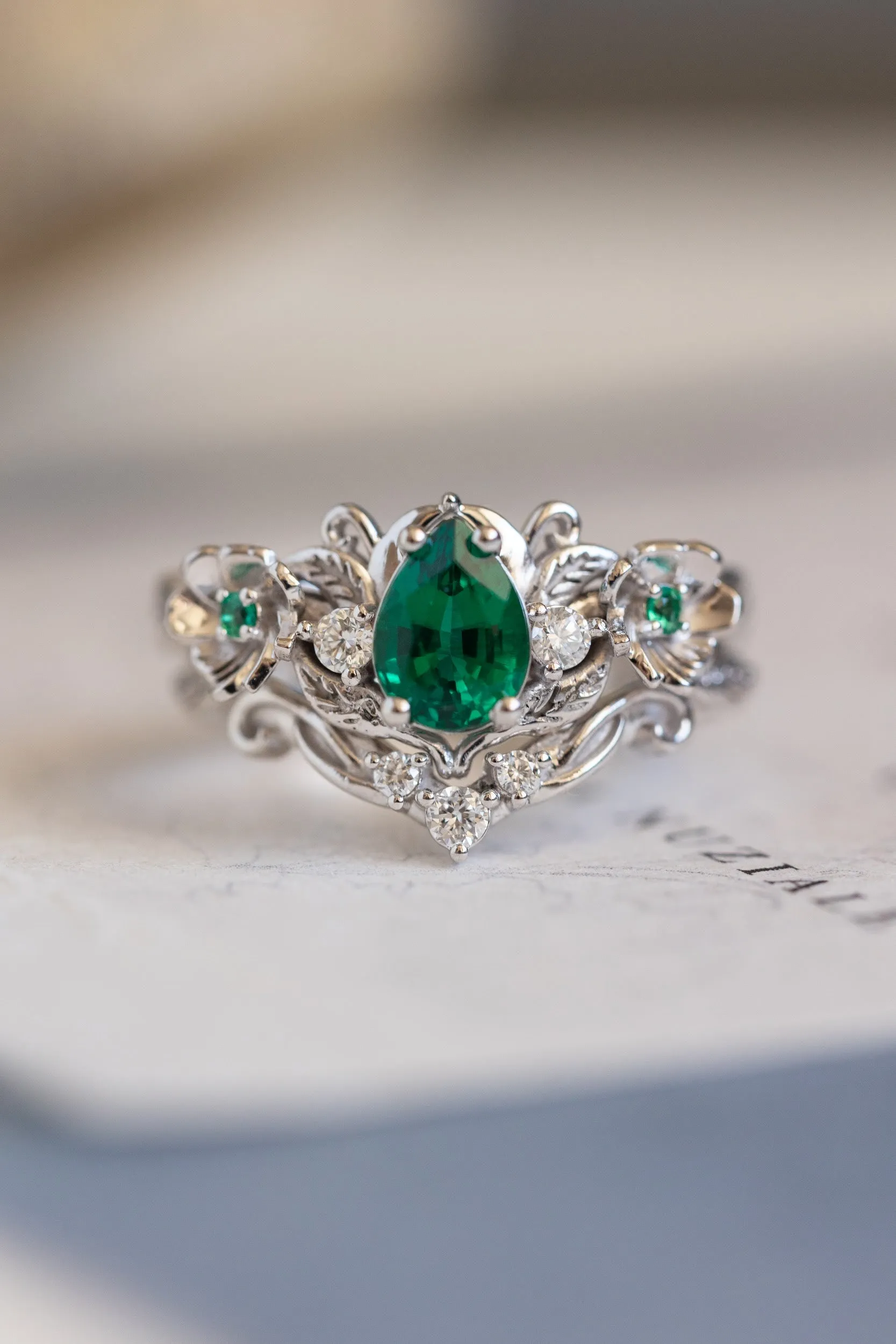 Lab-created emerald engagement ring set, unique flower style bridal ring set / Adelina