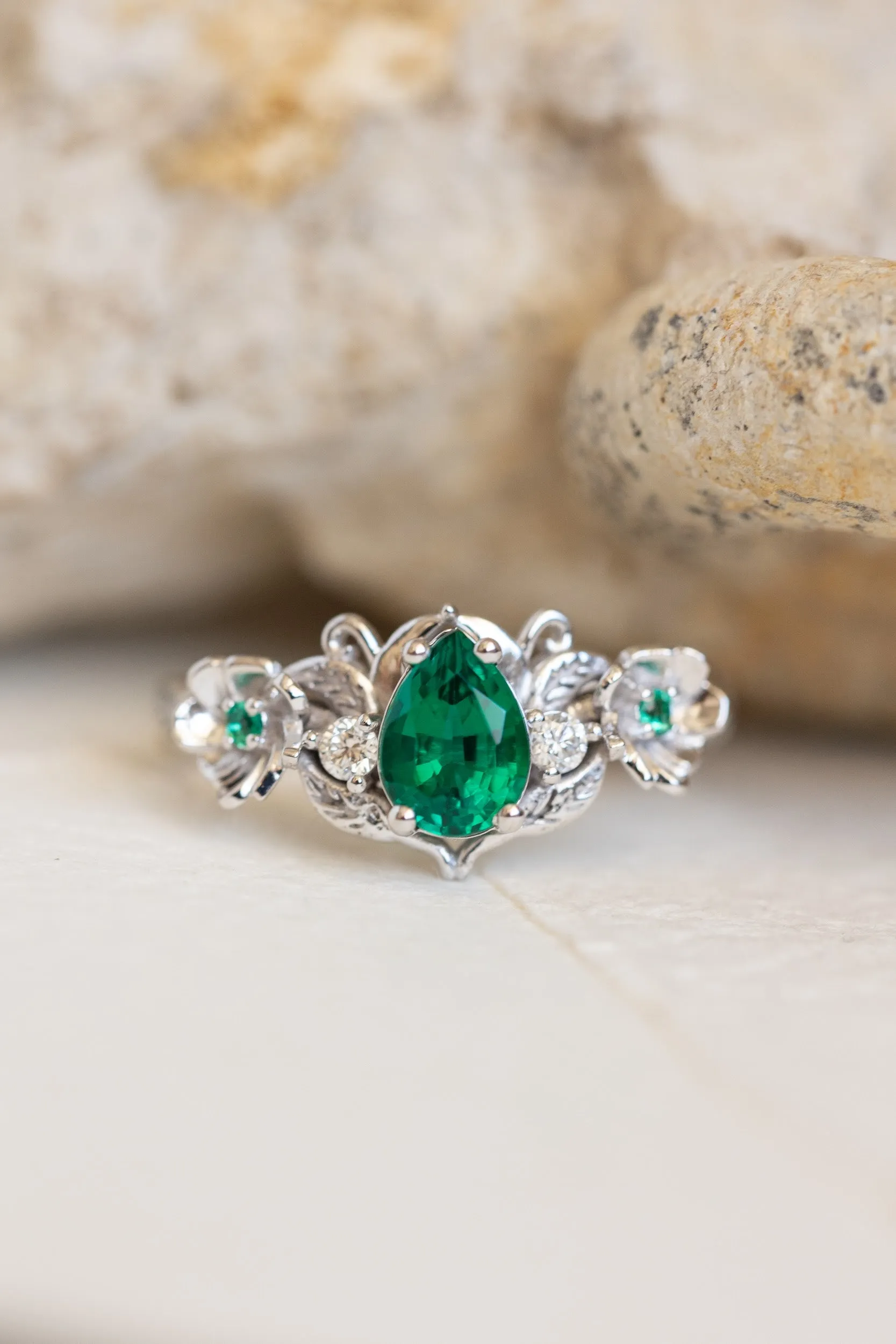 Lab-created emerald engagement ring set, unique flower style bridal ring set / Adelina