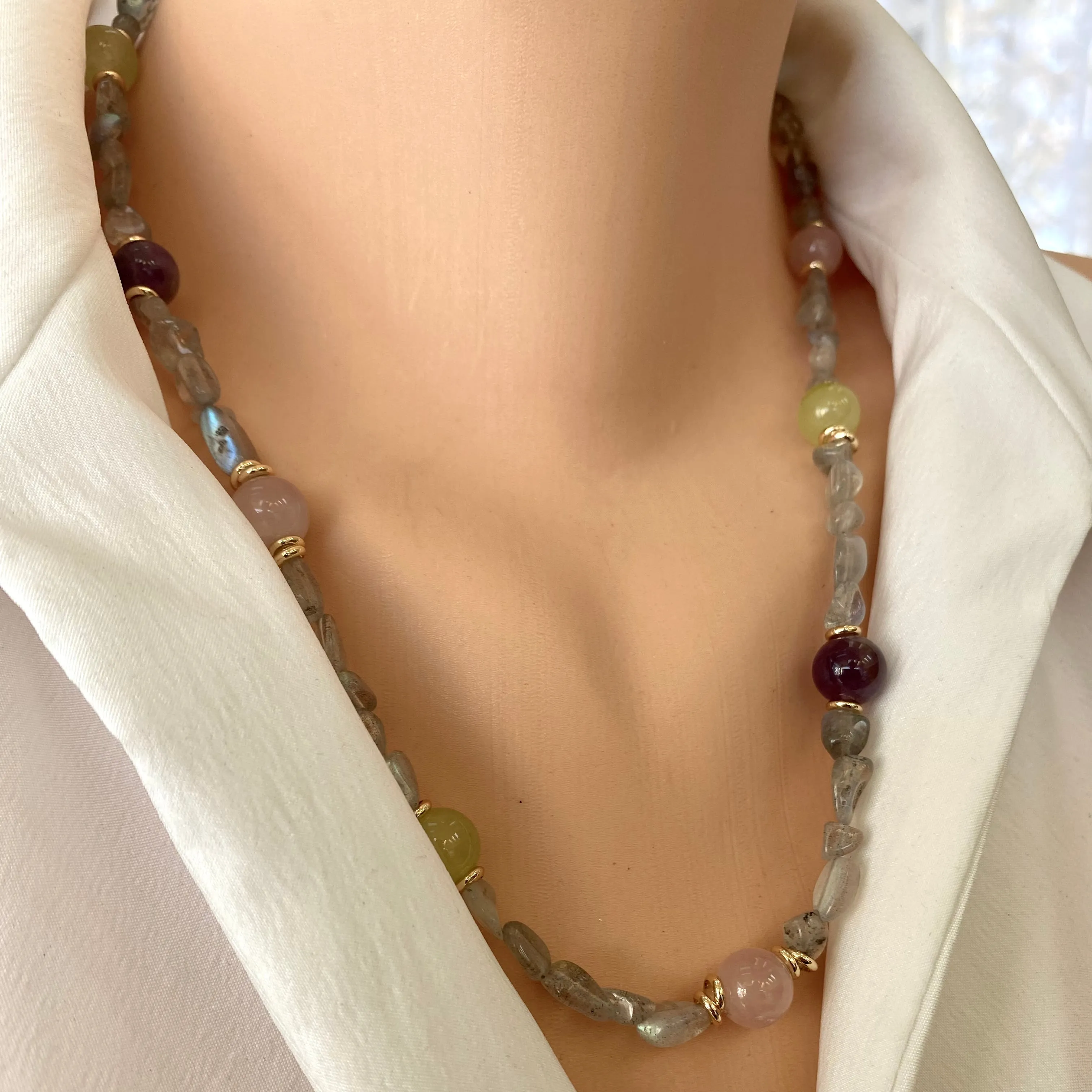 Labradorite Bonbons Necklace w Rose Quartz, Lime Green Jade & Amethyst Accent Beads, Gold Plated, 21in