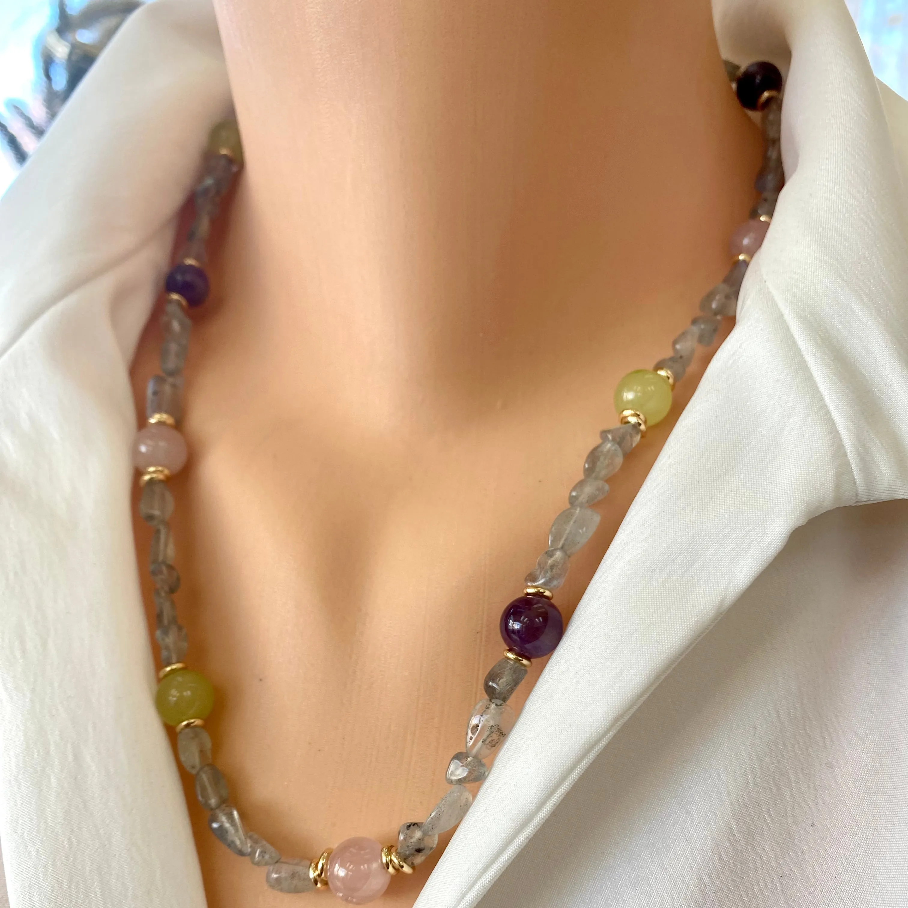 Labradorite Bonbons Necklace w Rose Quartz, Lime Green Jade & Amethyst Accent Beads, Gold Plated, 21in