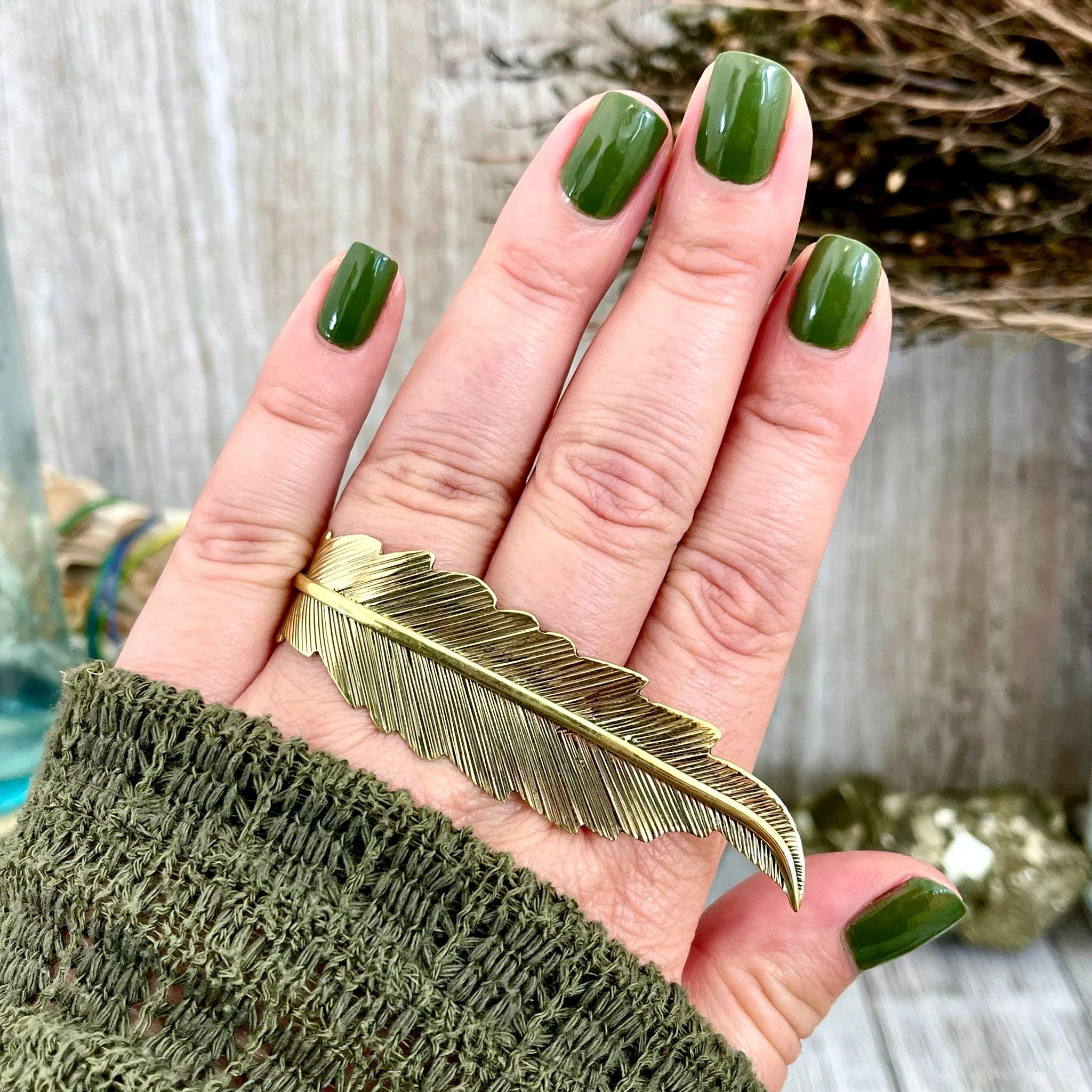 Large Adjustable Brass Feather Statement Ring  / Curated by FOXLARK Collection