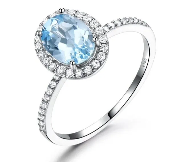 Luxurious Created Oval Sky Blue Topaz Real 925 Sterling Silver Ring