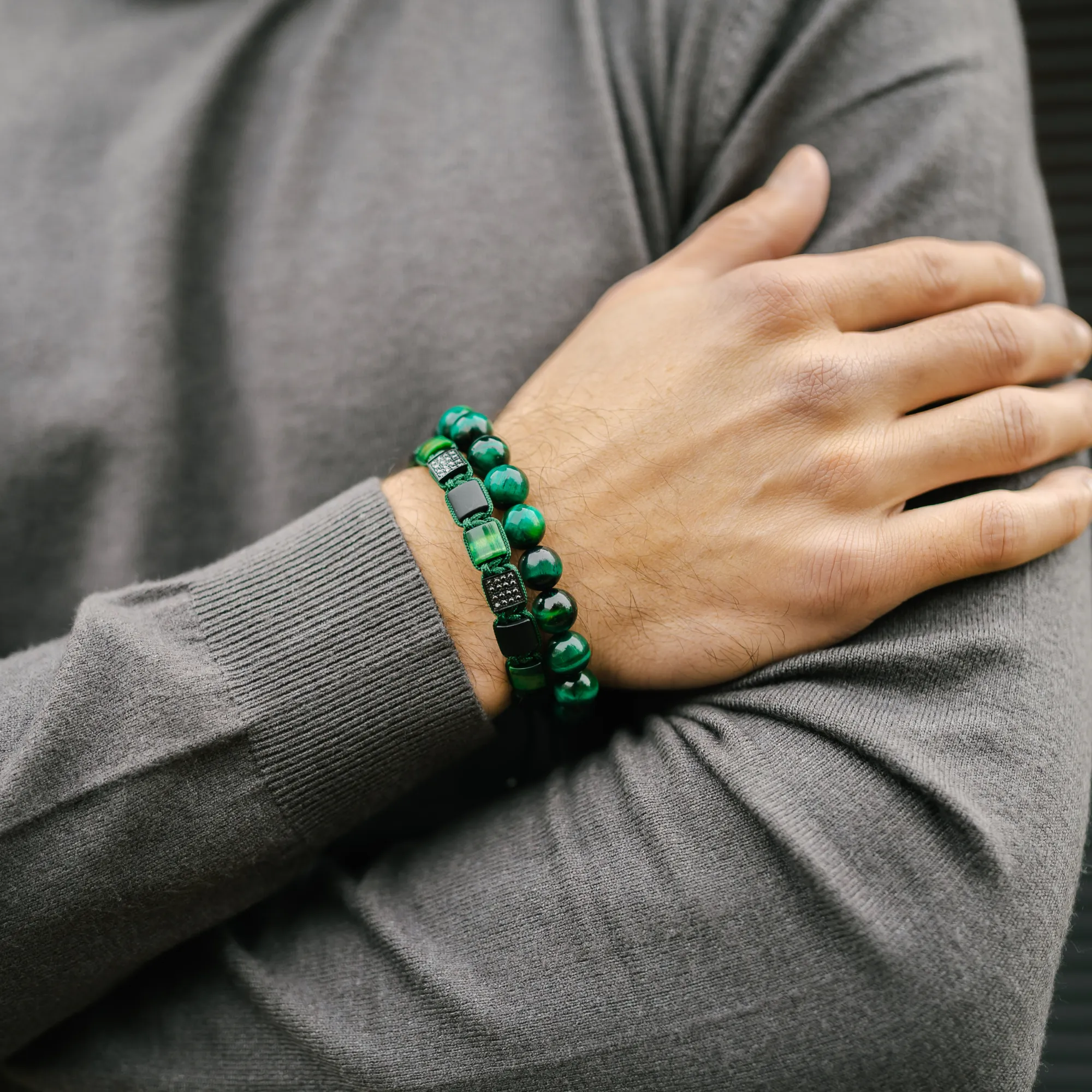 Men's GREEN TIGER EYE Beaded Bracelet - One Size Fits All