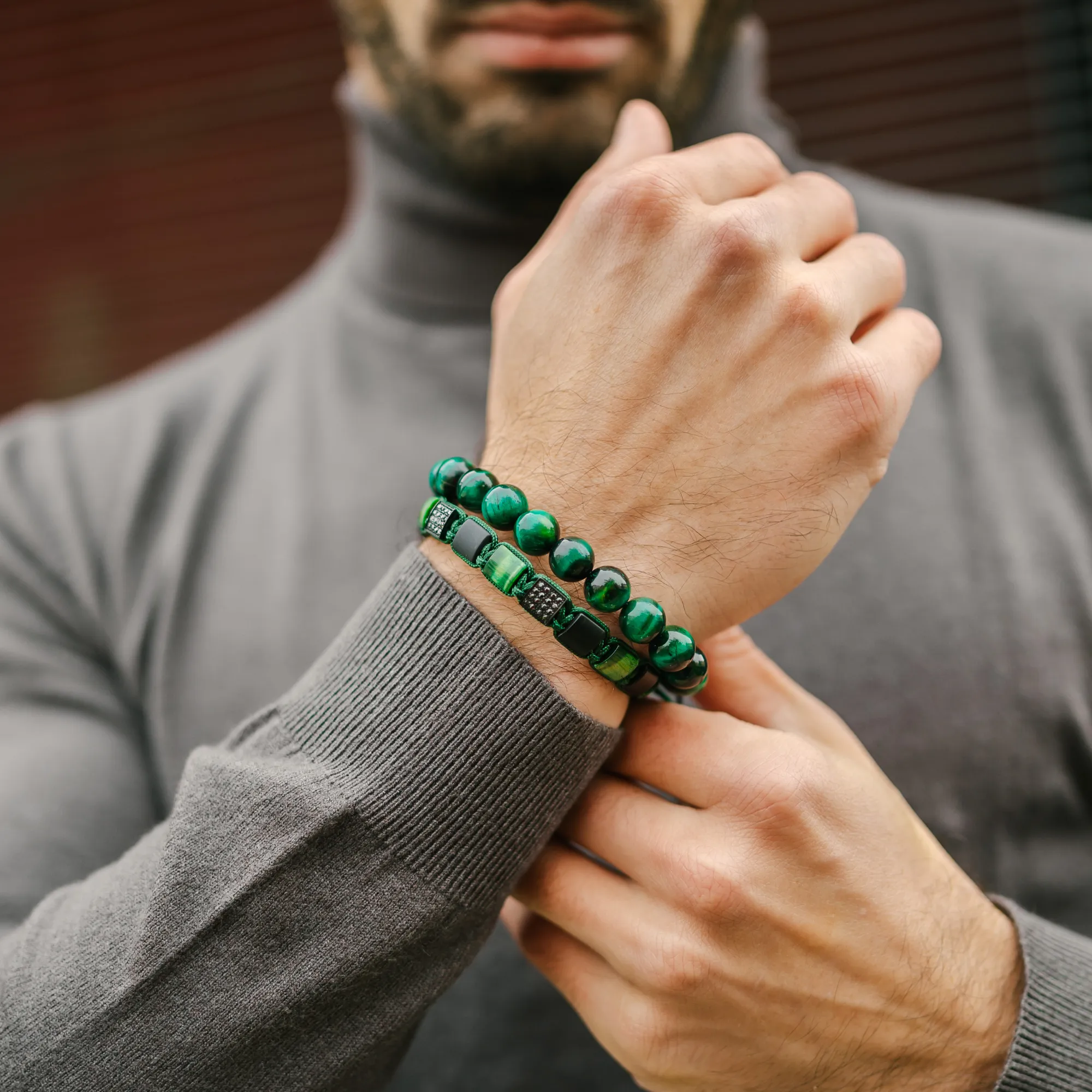 Men's GREEN TIGER EYE Beaded Bracelet - One Size Fits All