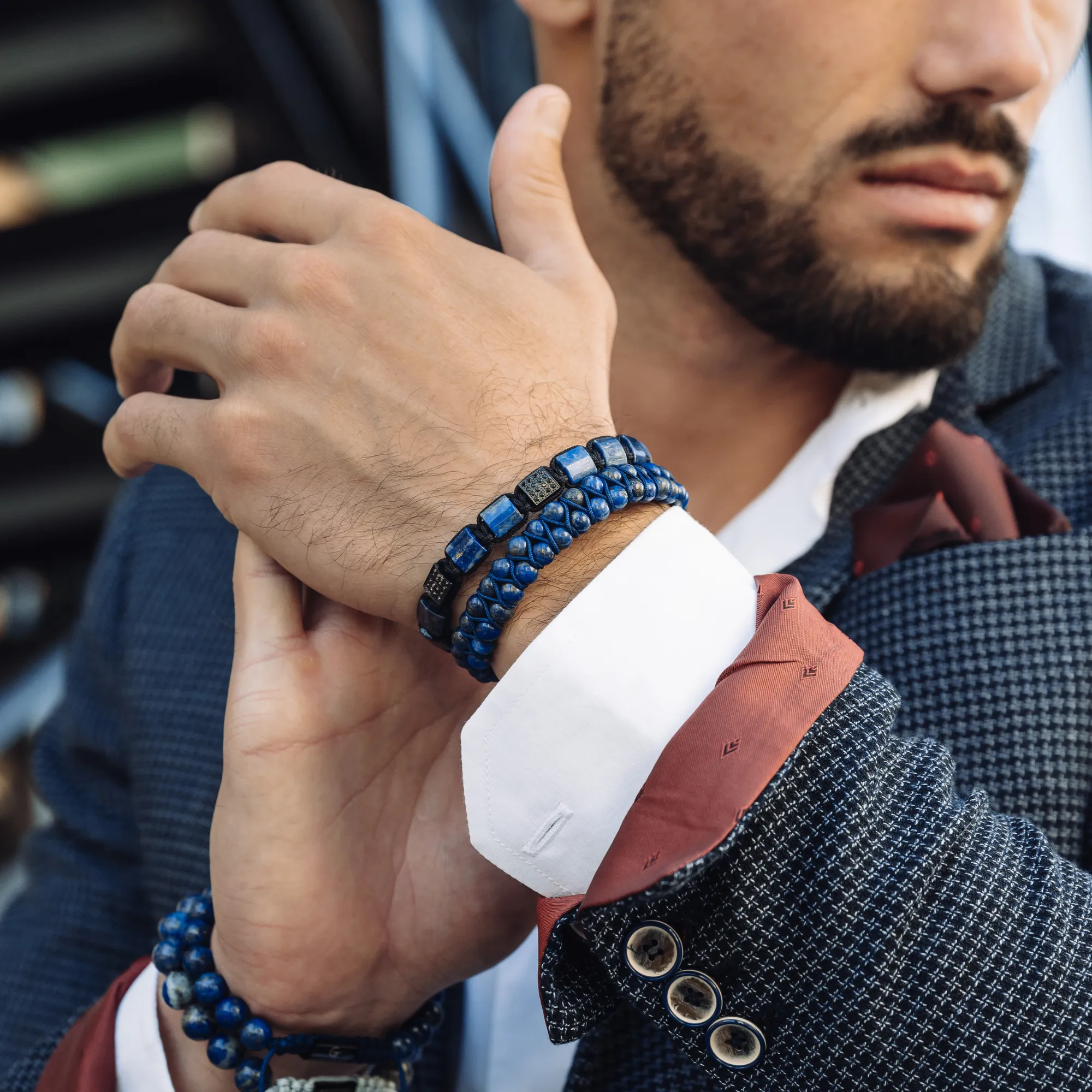 Men's LAPIS LAZULI Double Bead Bracelet - One Size Fits All