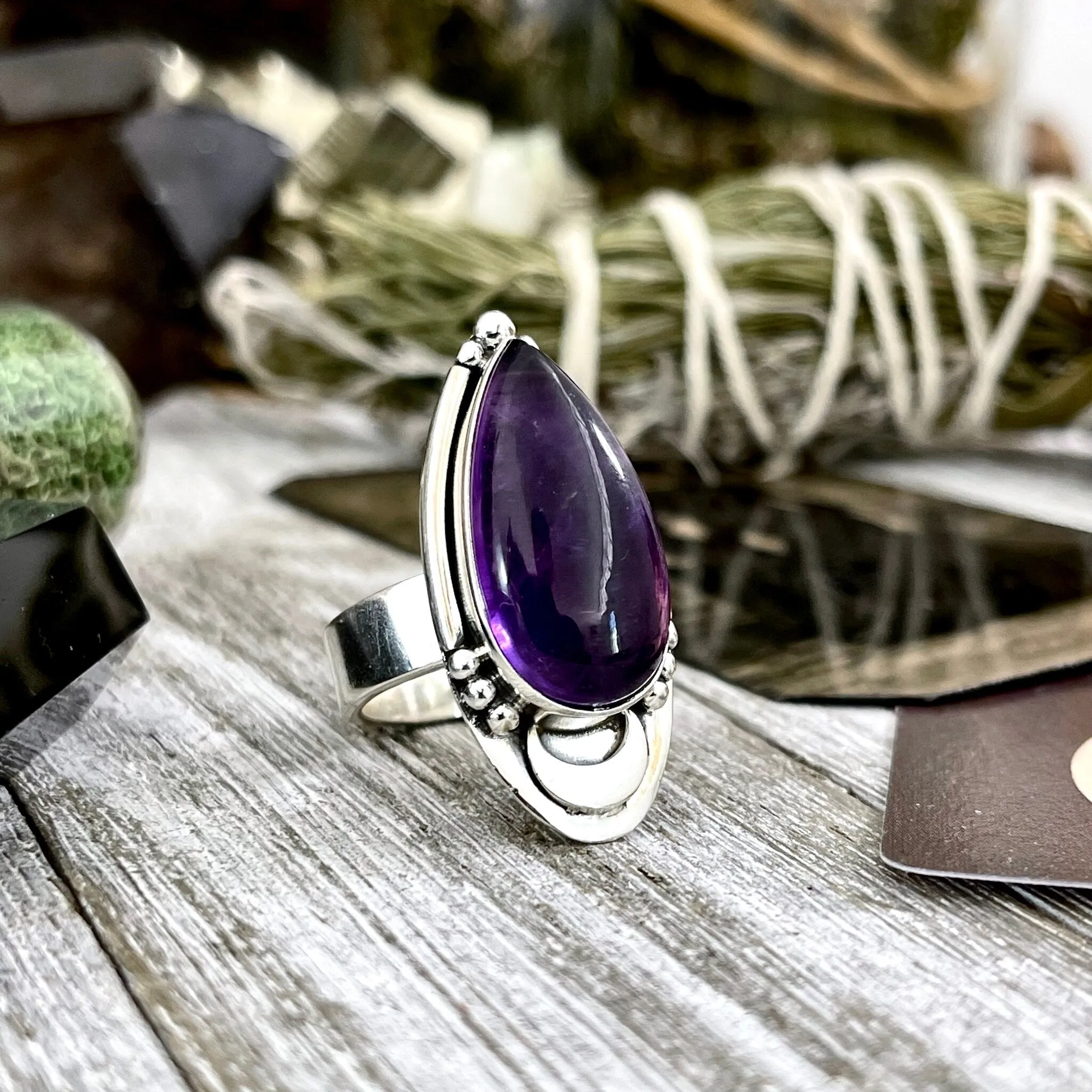 Midnight Moon Amethyst Teardrop Crystal Ring in Solid Sterling Silver- Designed by FOXLARK Collection Adjustable to Size 6 7 8 9 / Purple