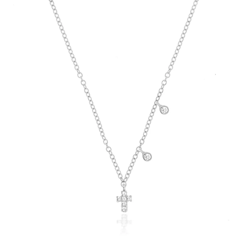 Mini Cross and Diamond Drop Charm Necklace