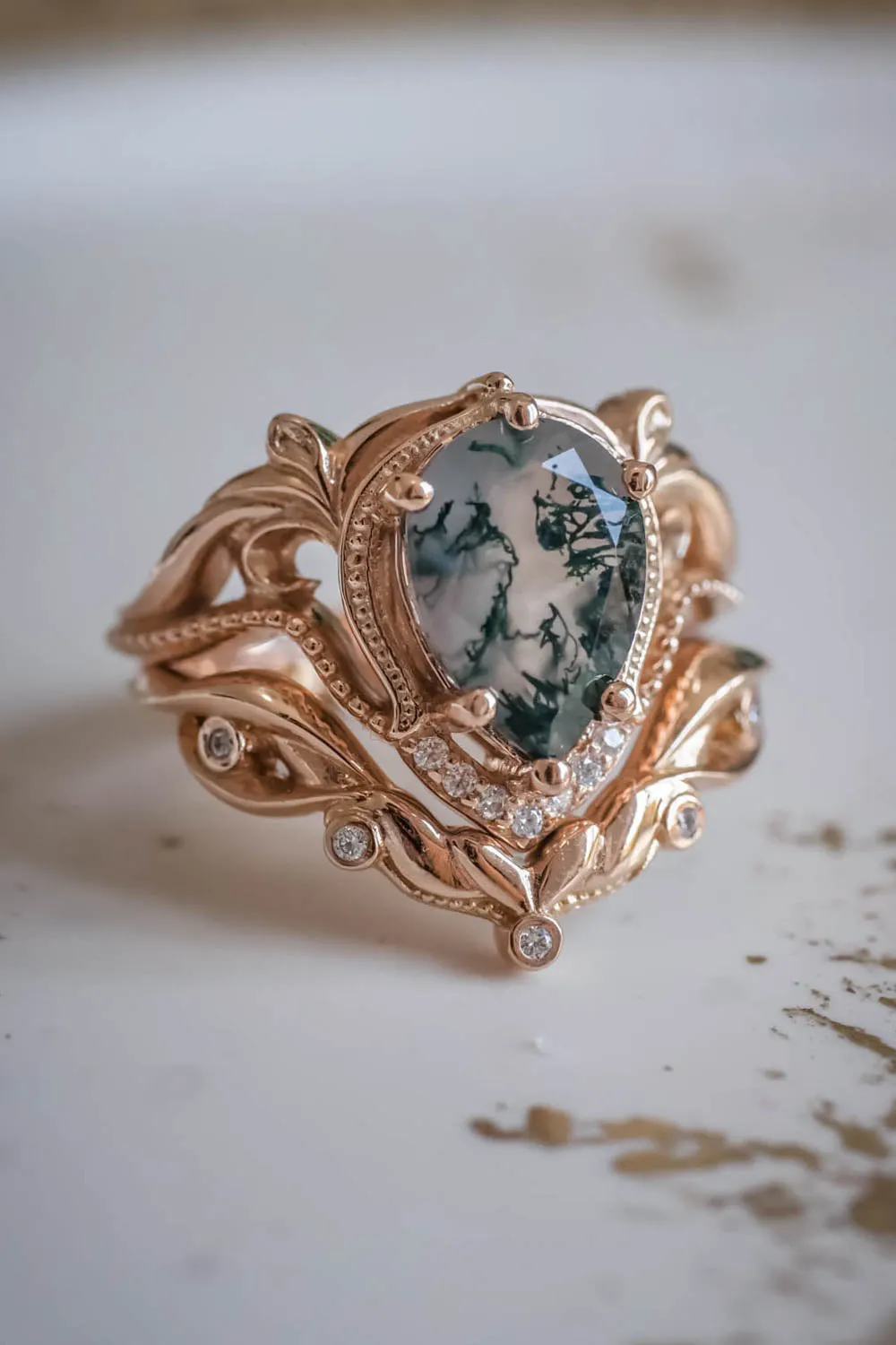 Moss agate engagement ring set, alternative ring set / Lida