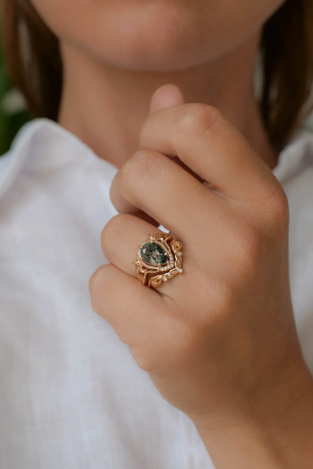 Moss agate engagement ring set, alternative ring set / Lida