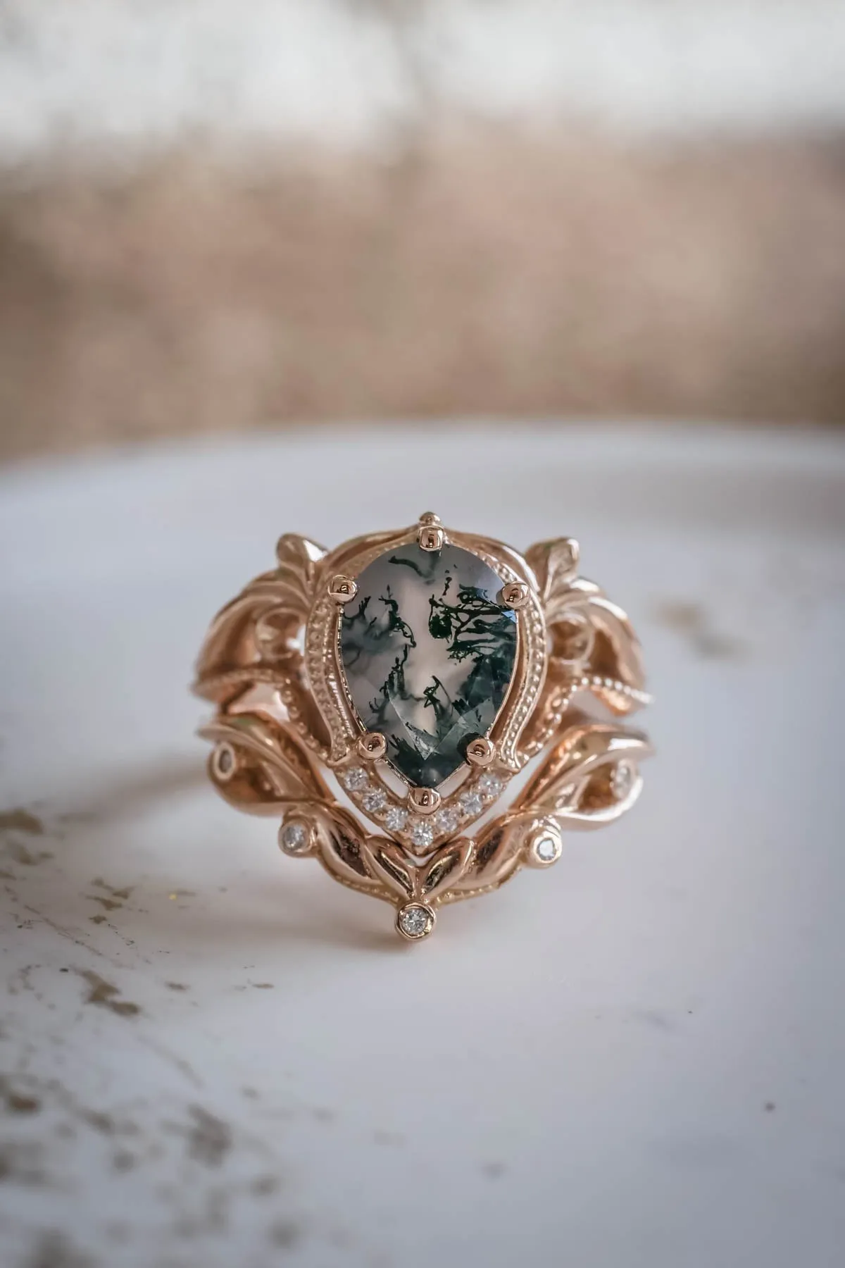 Moss agate engagement ring set, alternative ring set / Lida