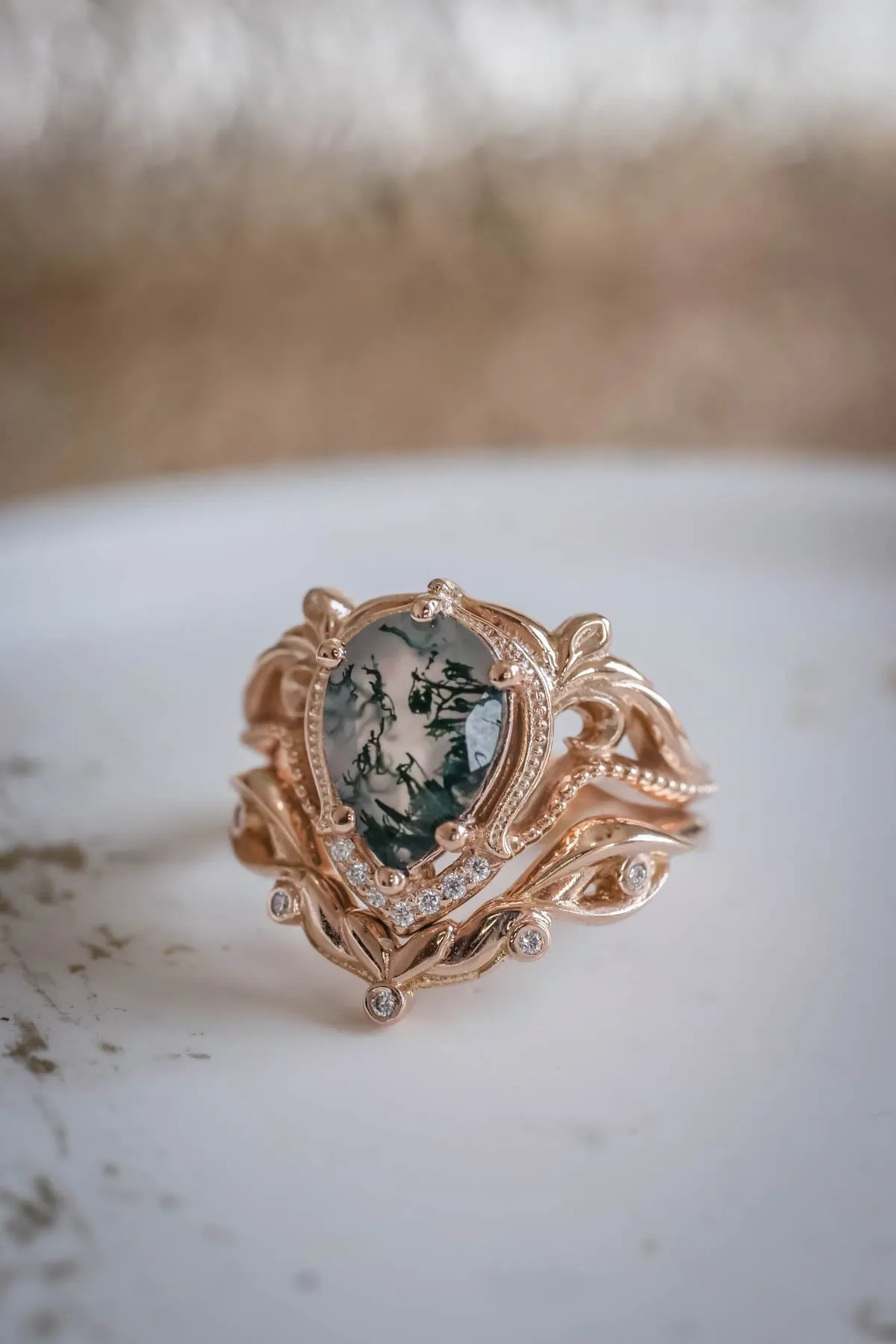 Moss agate engagement ring set, alternative ring set / Lida