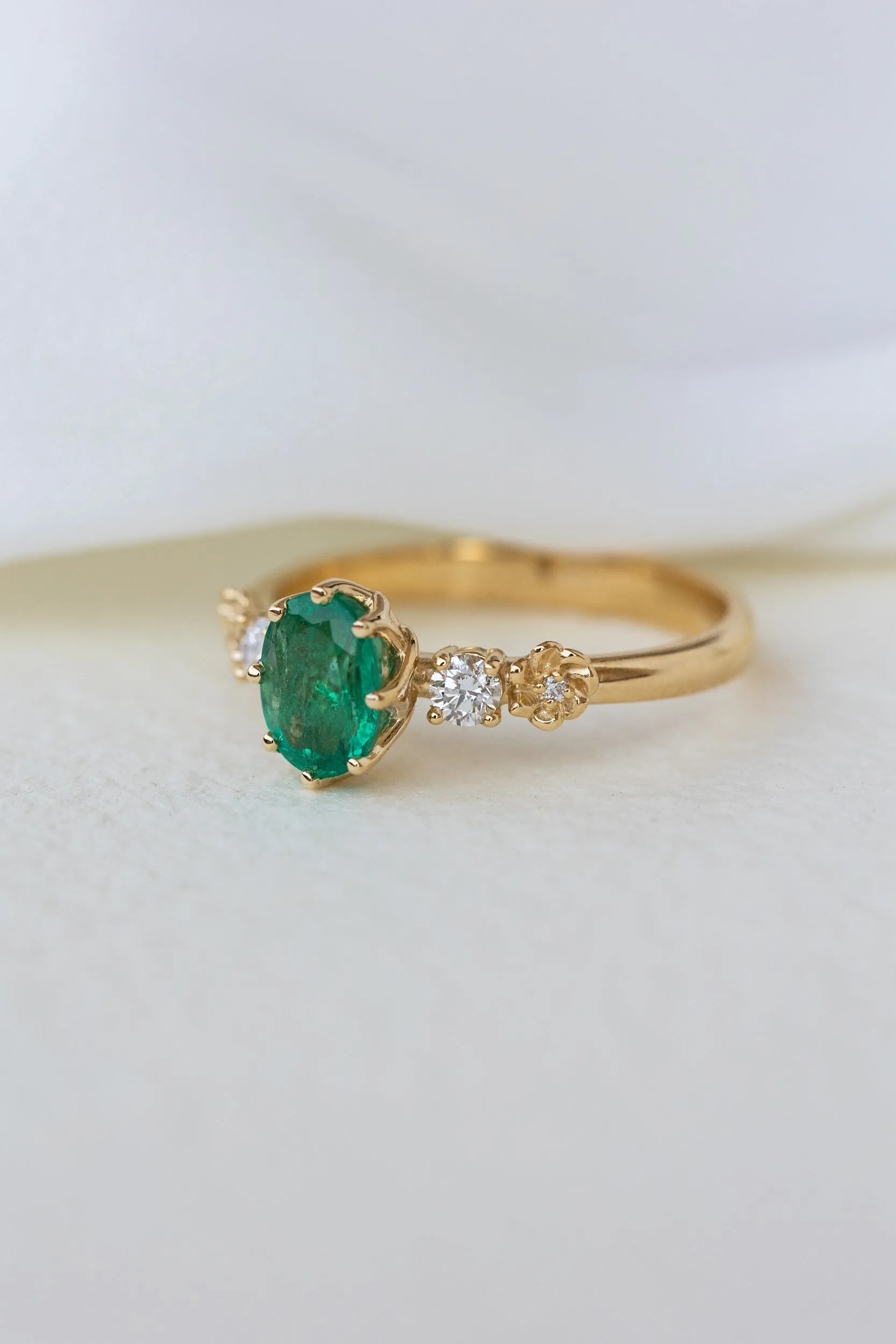 Natural oval emerald engagement ring, flower engagement ring with diamonds / Fiorella