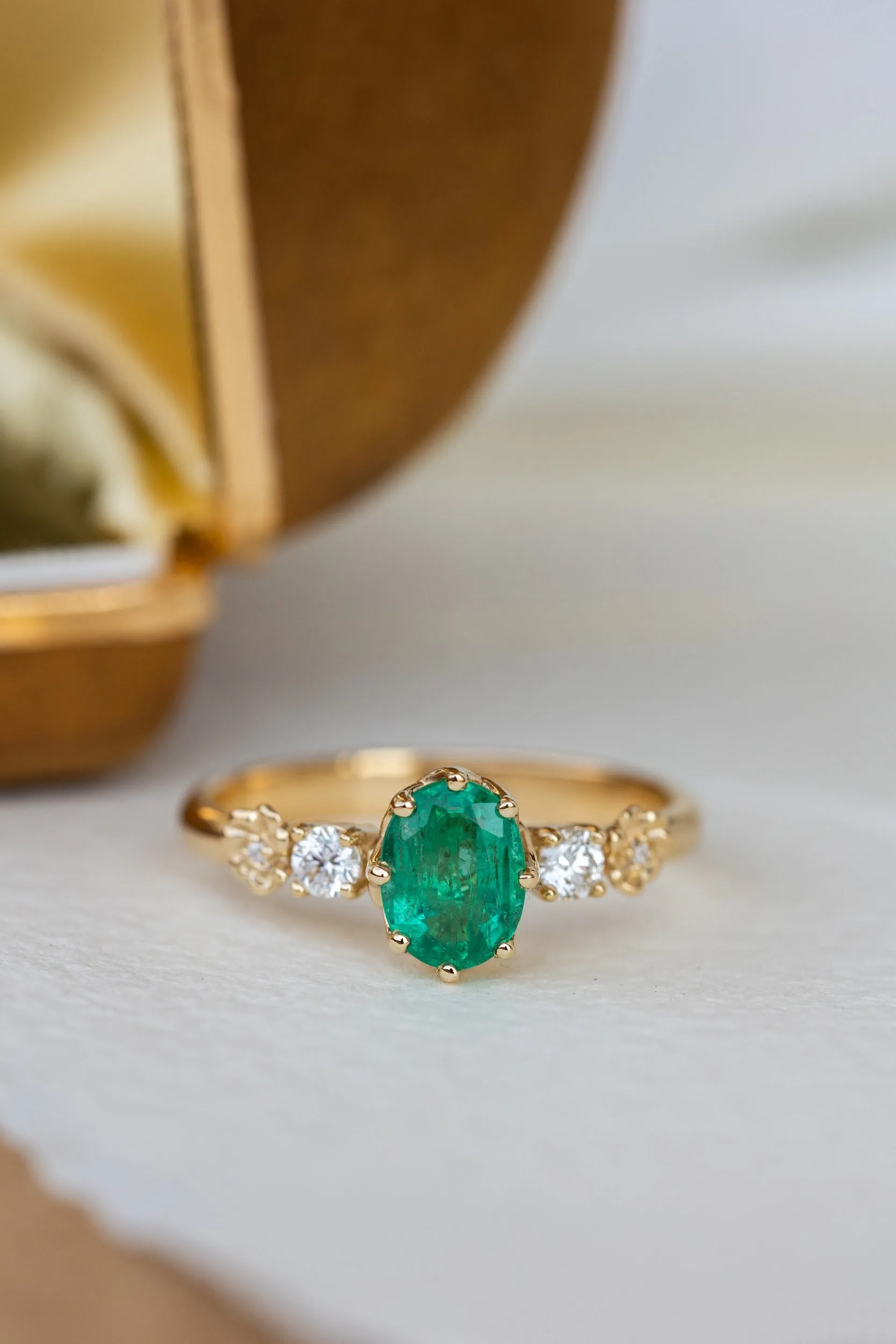 Natural oval emerald engagement ring, flower engagement ring with diamonds / Fiorella