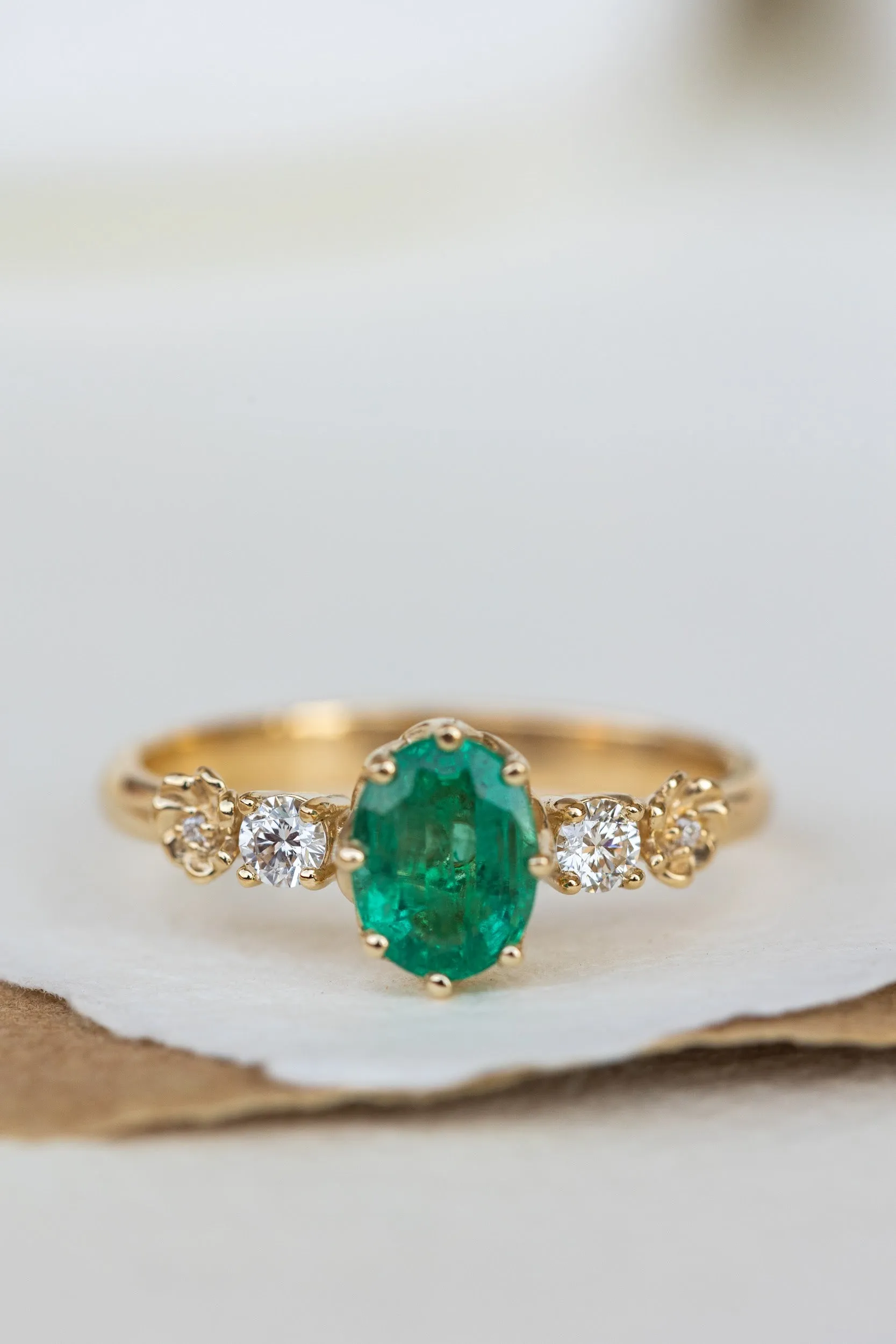 Natural oval emerald engagement ring, flower engagement ring with diamonds / Fiorella