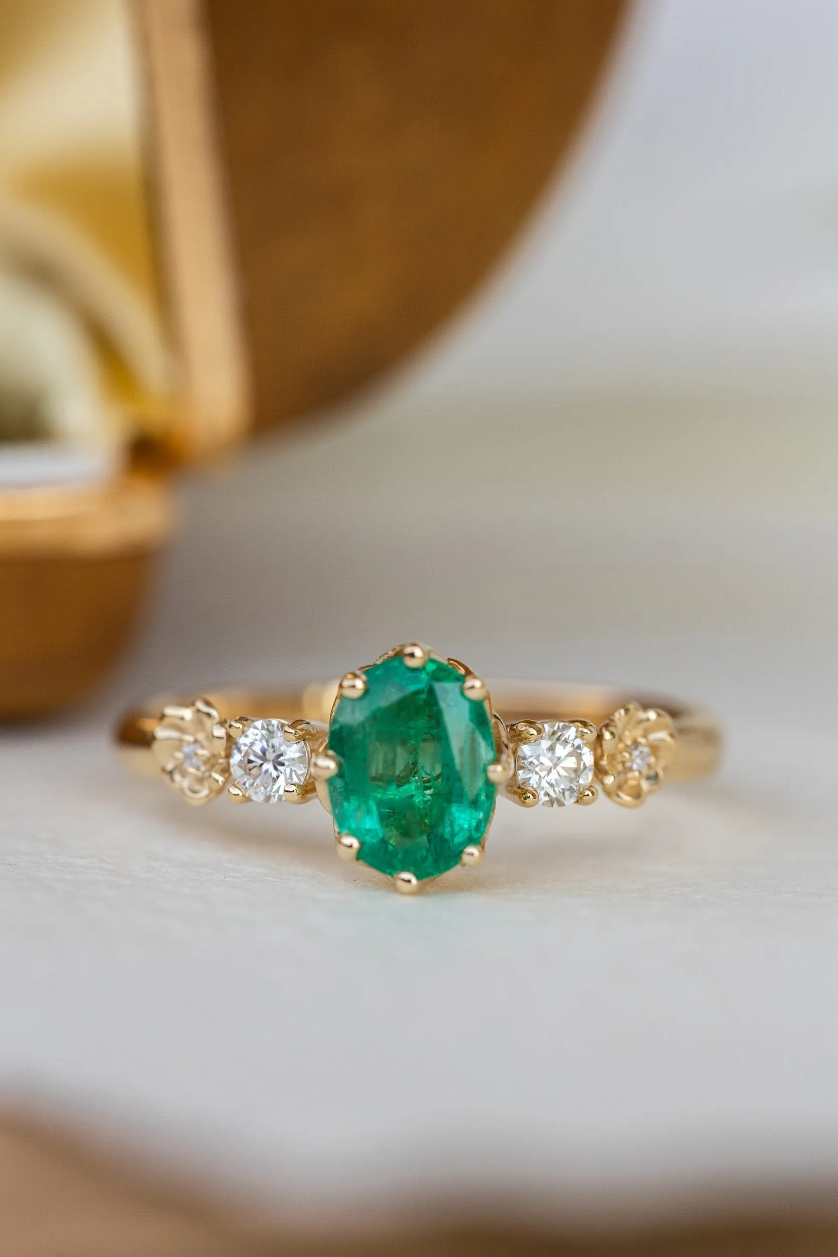 Natural oval emerald engagement ring, flower engagement ring with diamonds / Fiorella