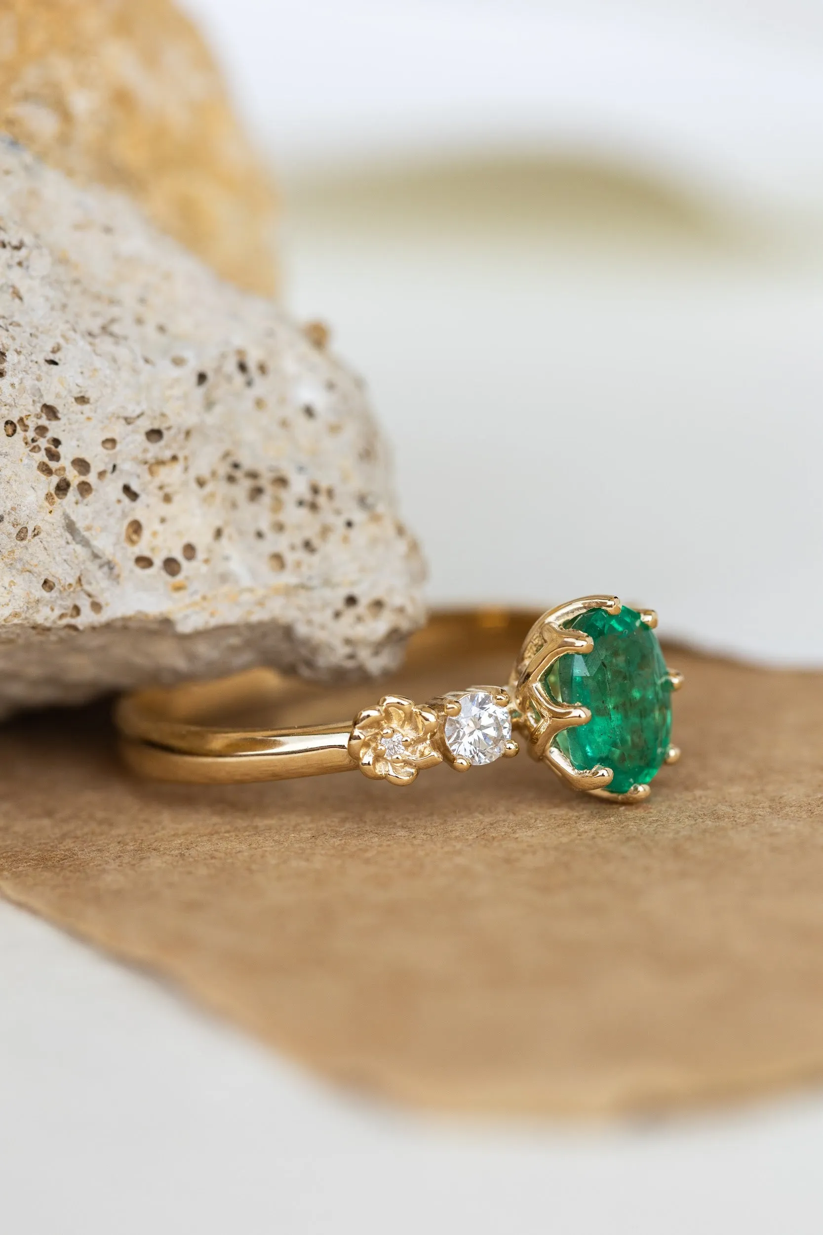 Natural oval emerald engagement ring, flower engagement ring with diamonds / Fiorella