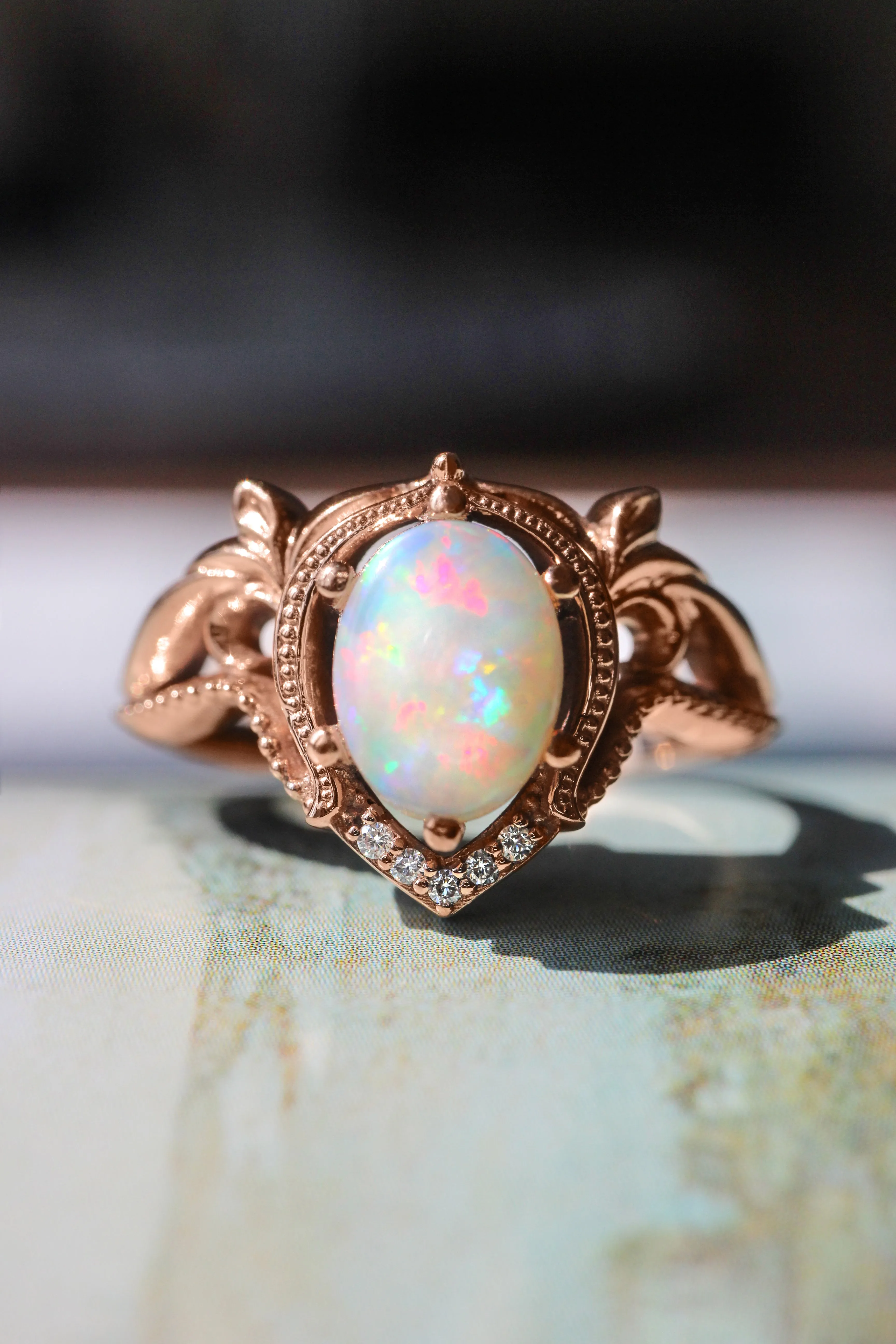 Opal and moissanites or diamonds engagement ring / Lida oval