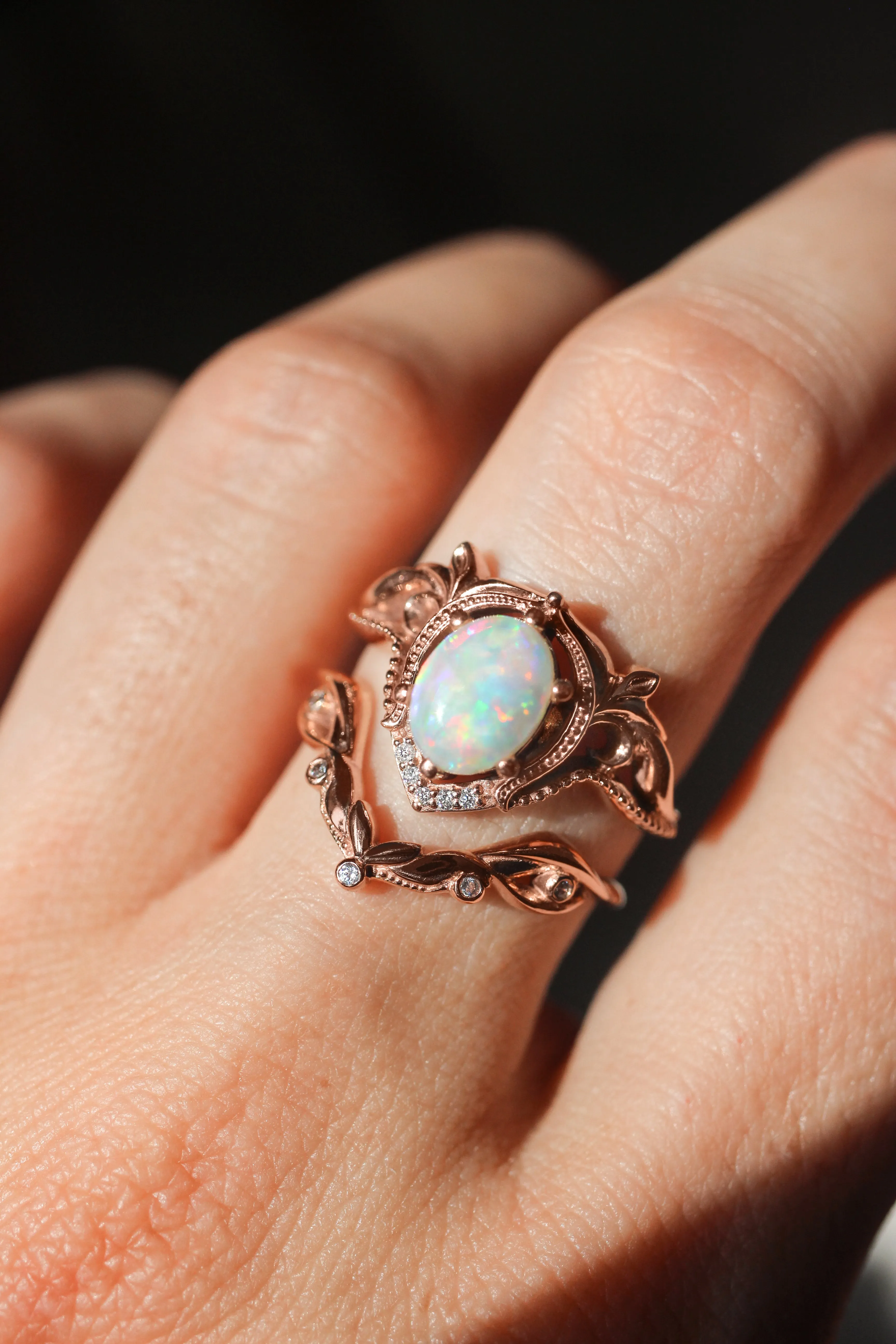 Opal and moissanites or diamonds engagement ring / Lida oval