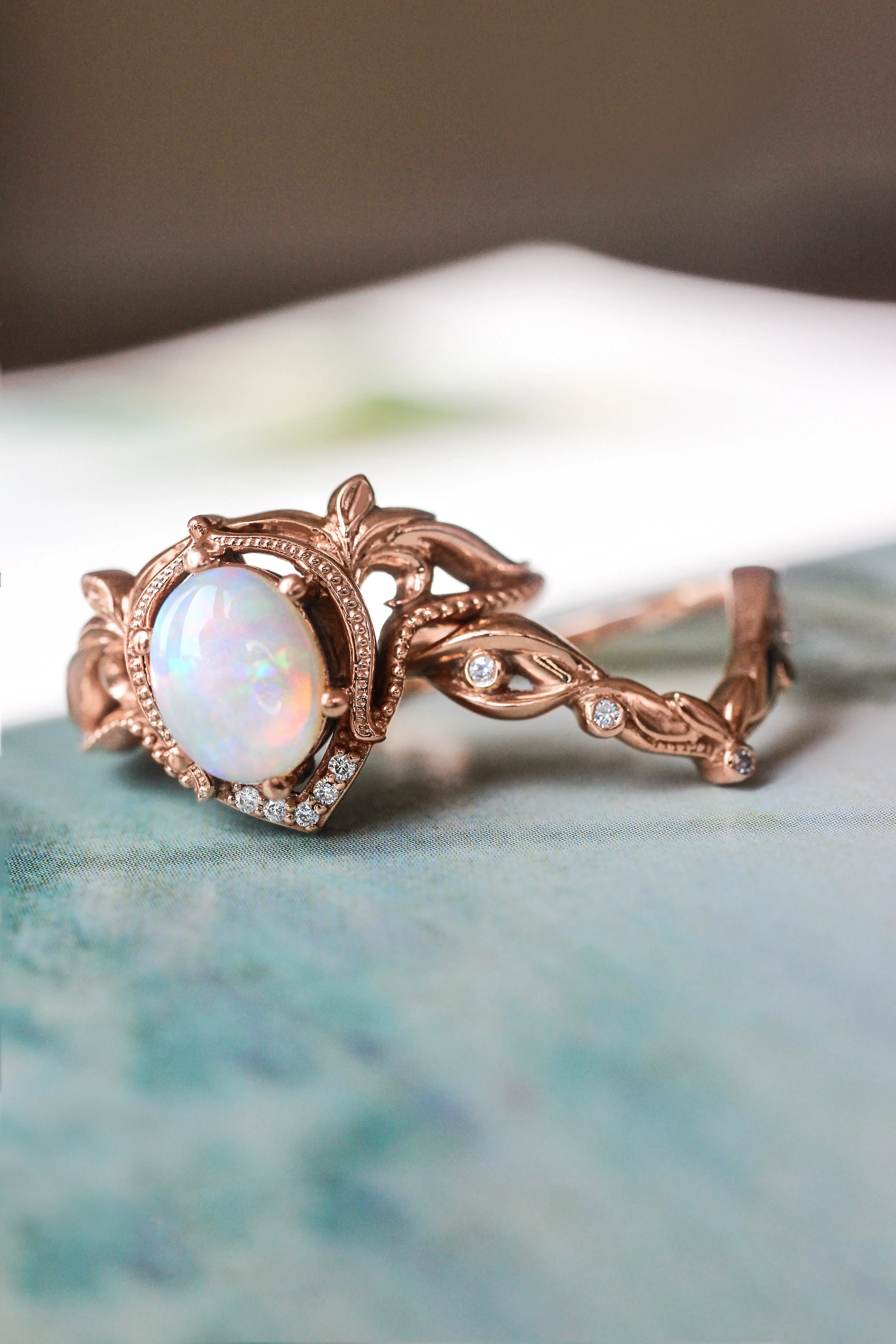 Opal and moissanites or diamonds engagement ring / Lida oval