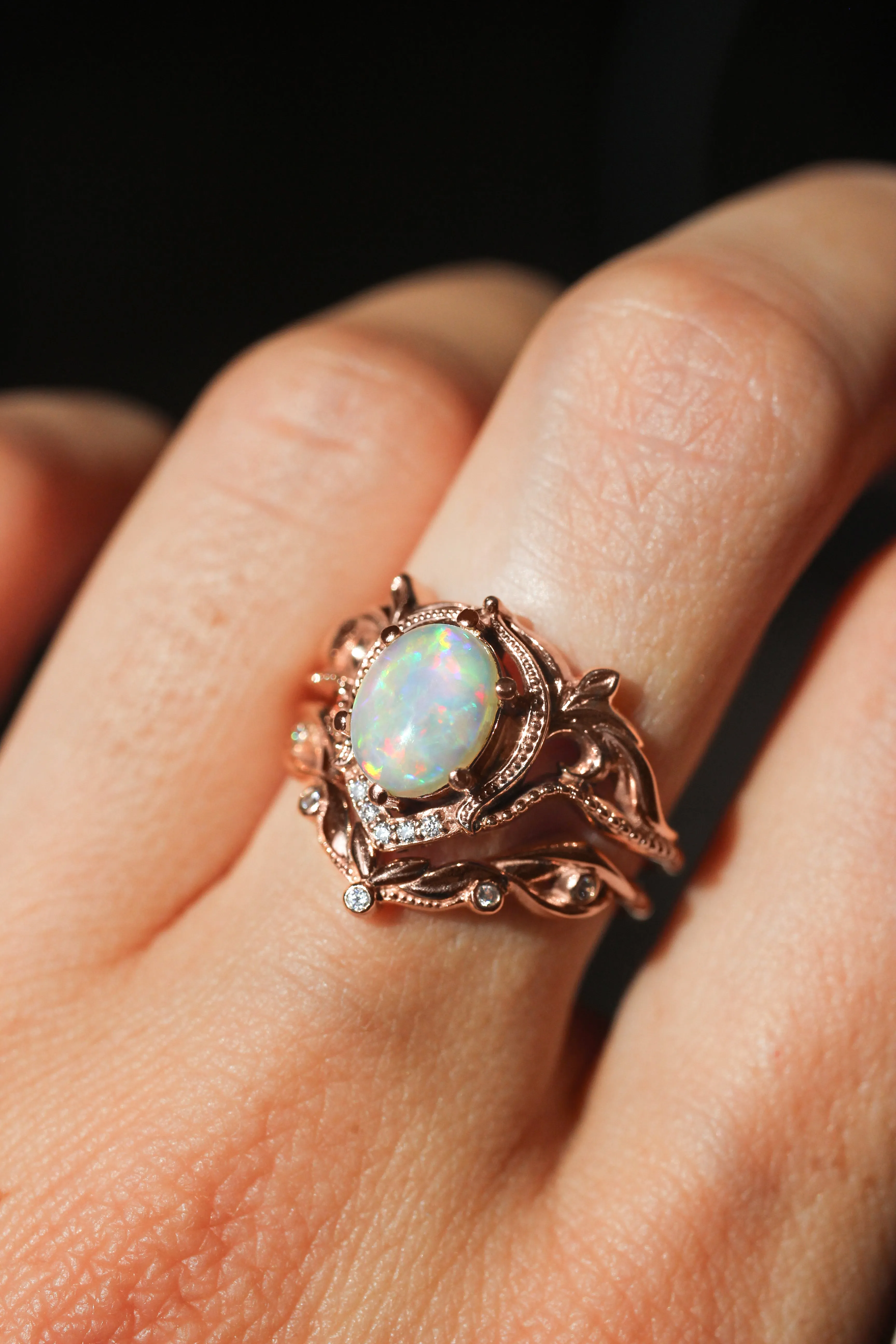 Opal and moissanites or diamonds engagement ring / Lida oval