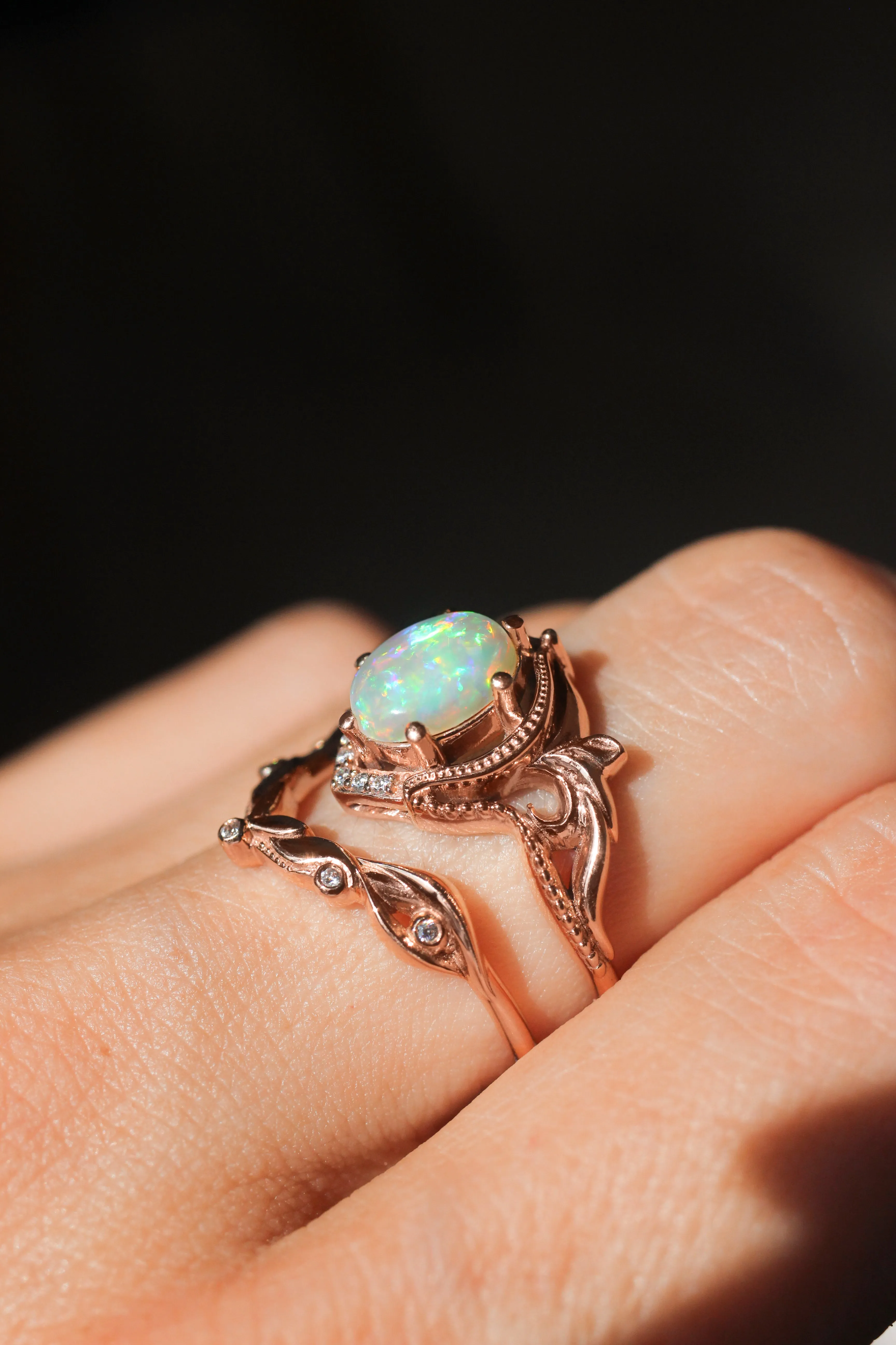 Opal and moissanites or diamonds engagement ring / Lida oval