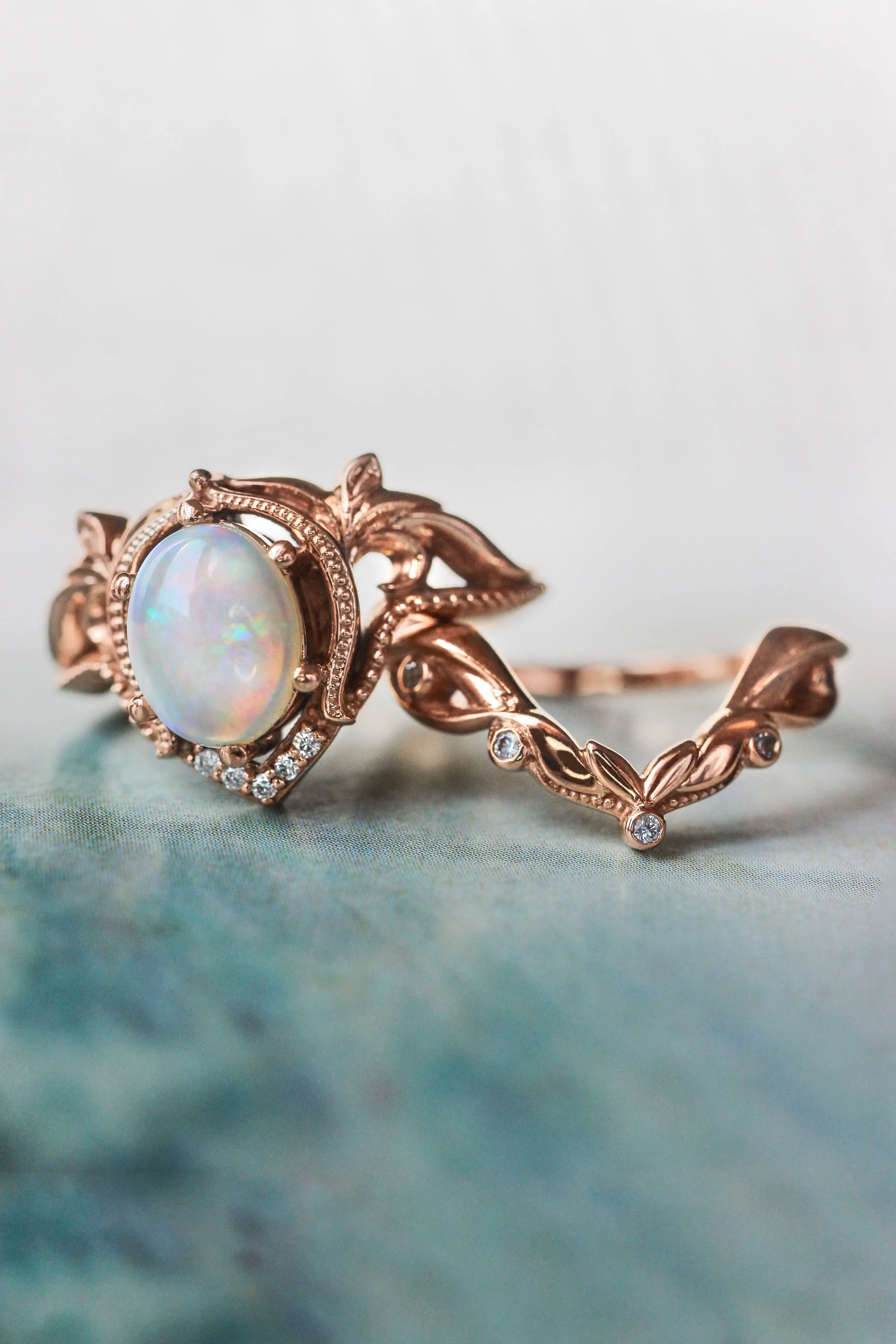 Opal and moissanites or diamonds engagement ring / Lida oval