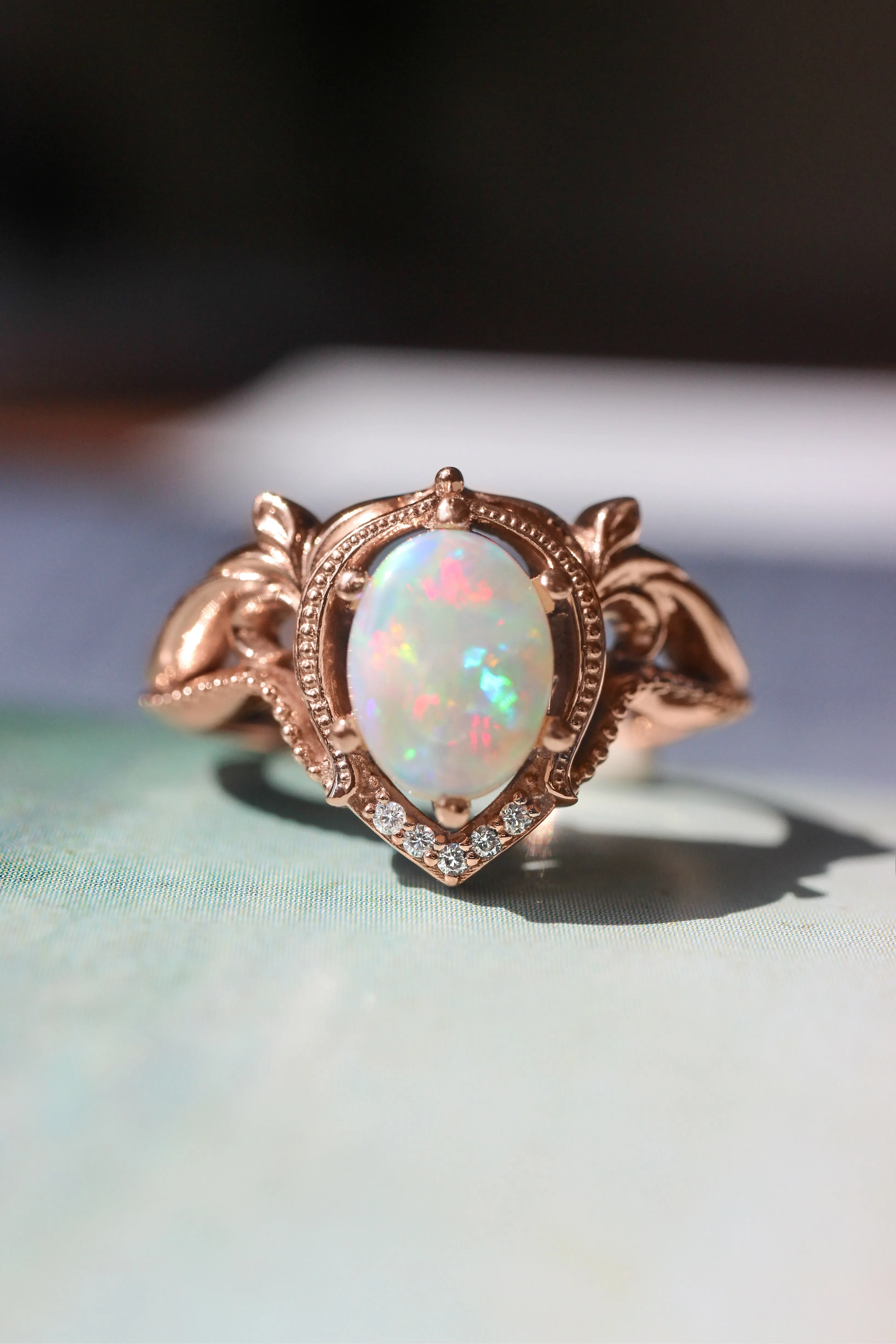 Opal and moissanites or diamonds engagement ring / Lida oval