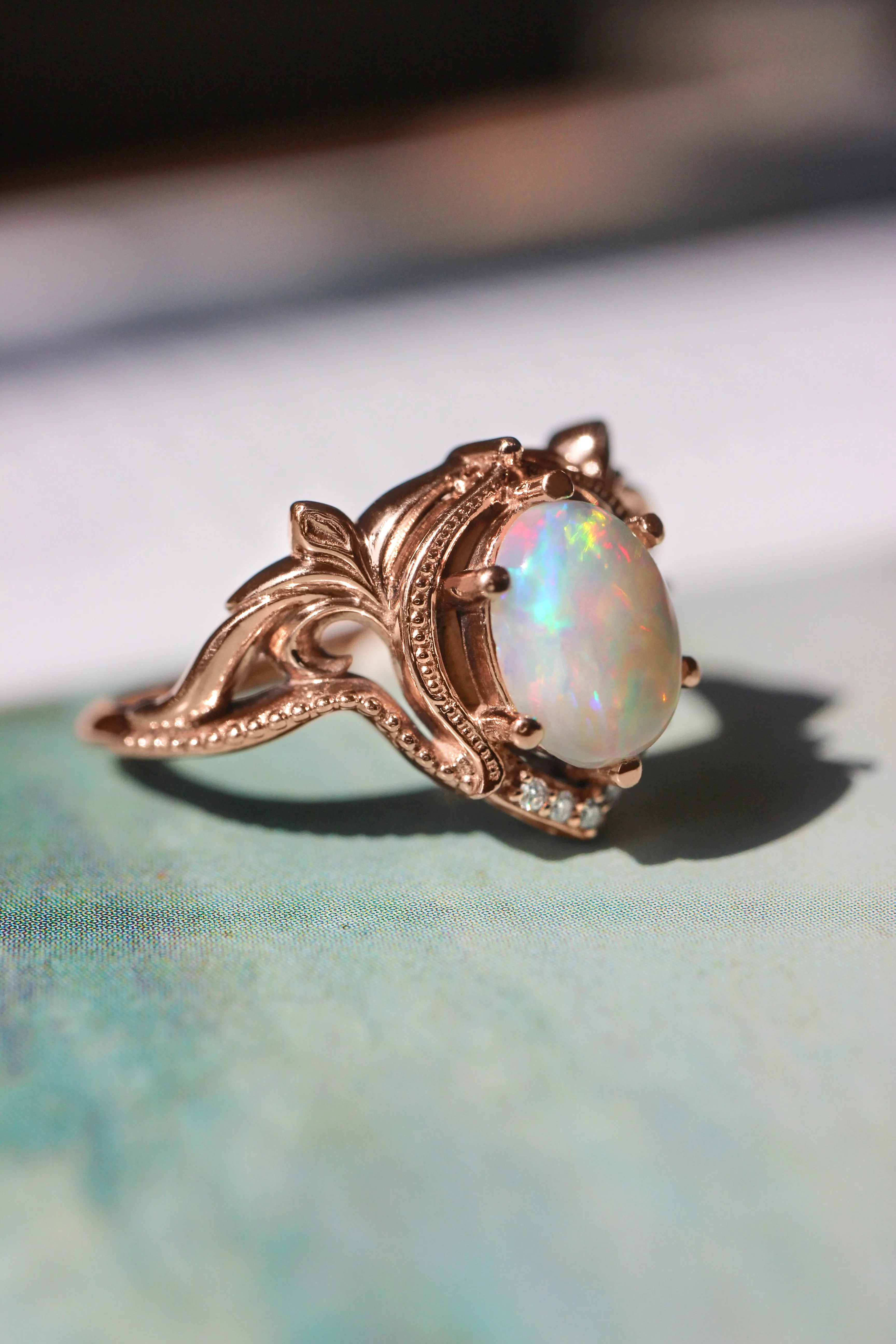 Opal and moissanites or diamonds engagement ring / Lida oval