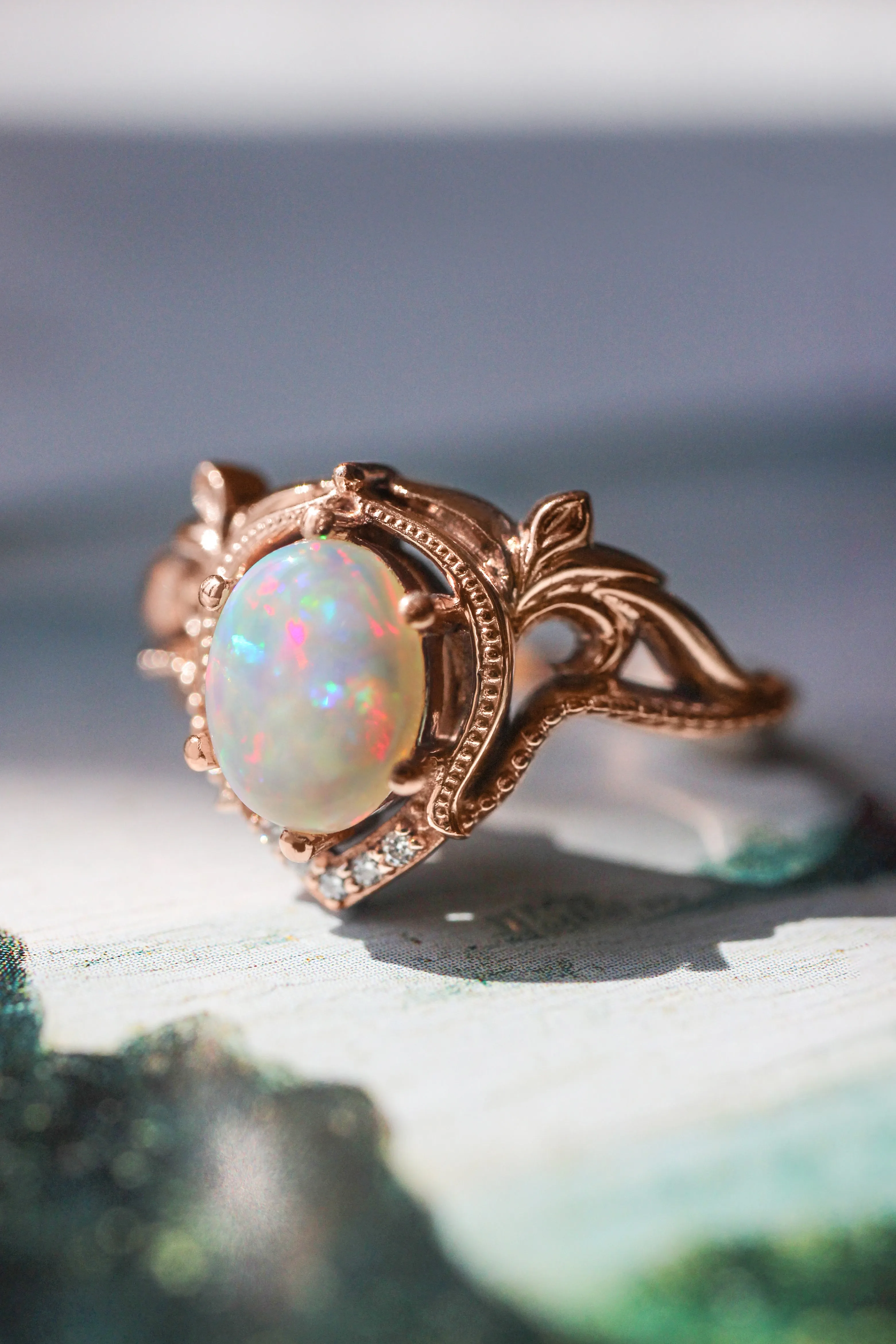 Opal and moissanites or diamonds engagement ring / Lida oval