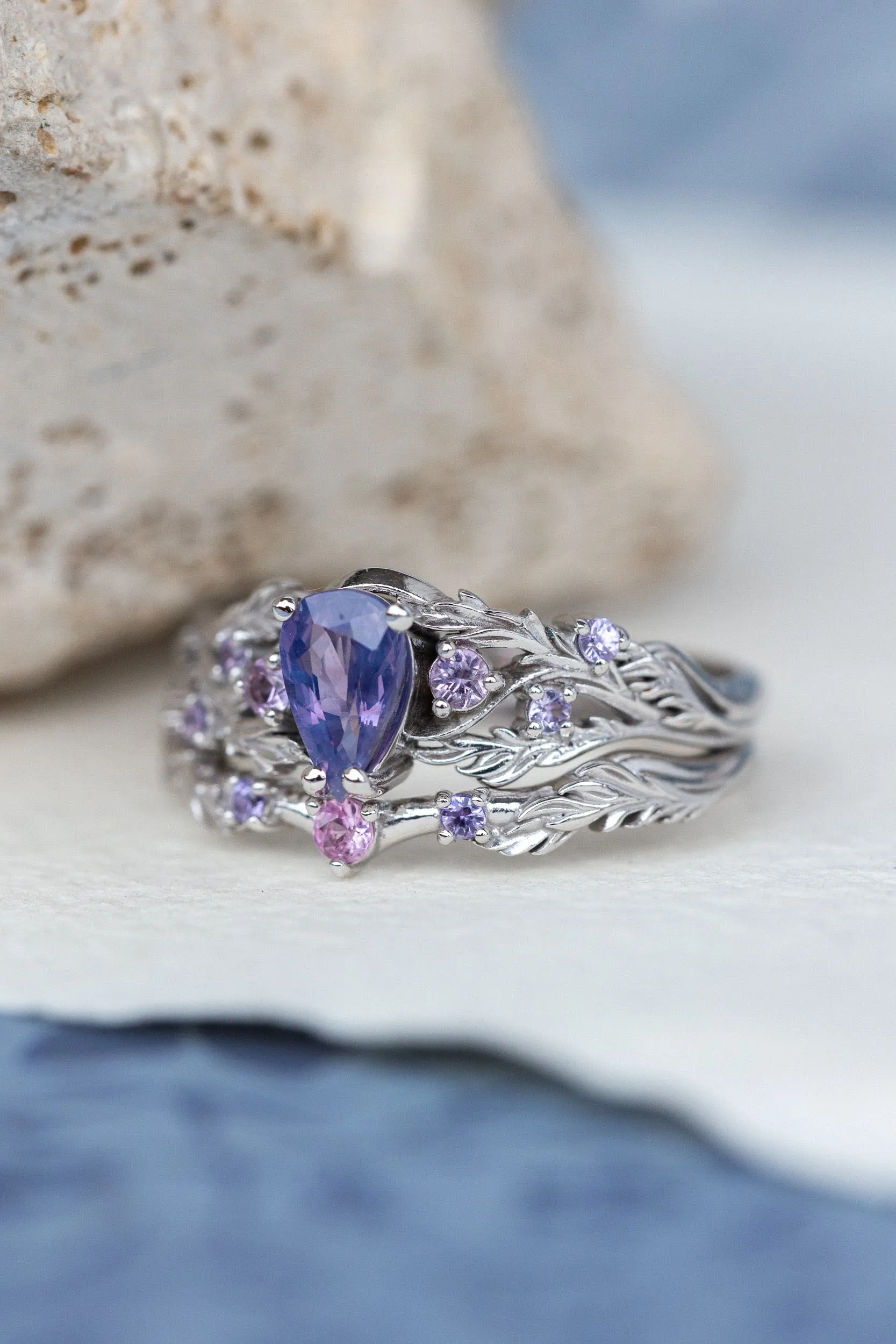 Opalescent purple sapphires bridal ring set, white gold branch stacking rings / Japanese Maple