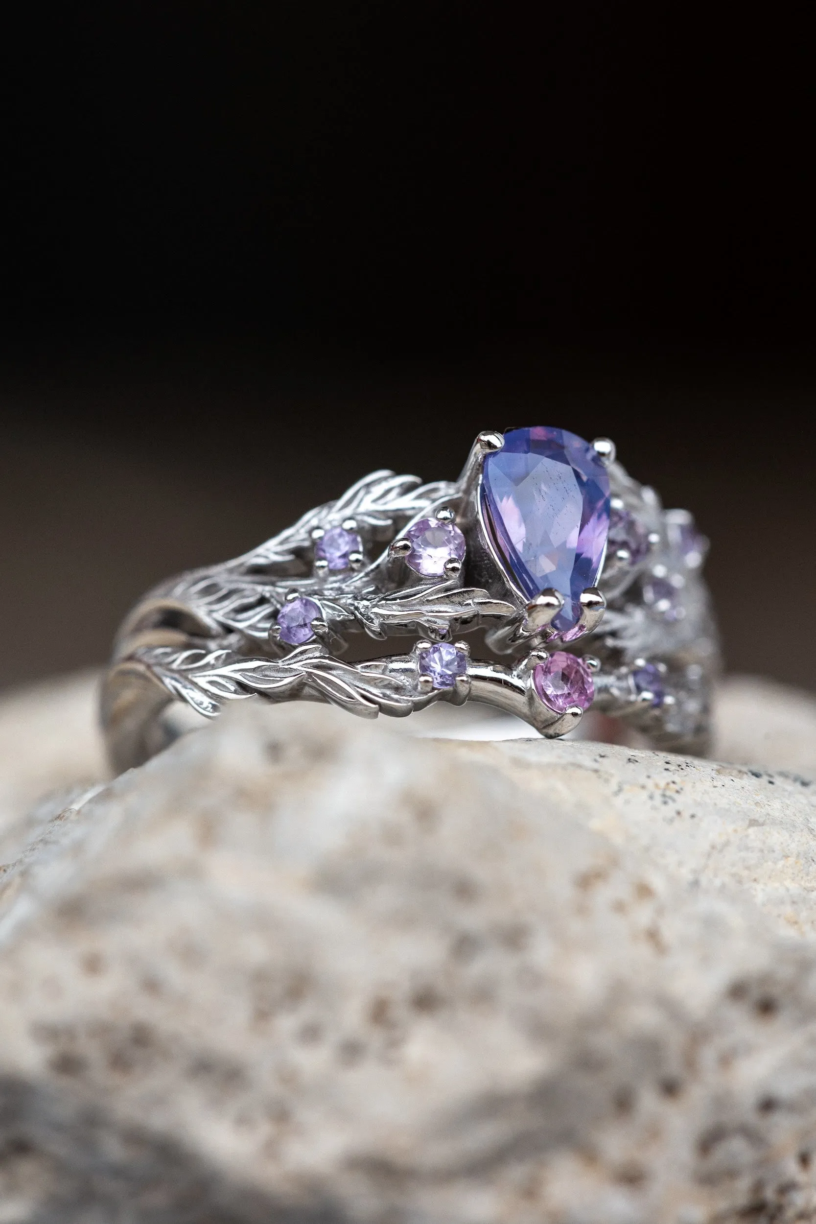 Opalescent purple sapphires bridal ring set, white gold branch stacking rings / Japanese Maple