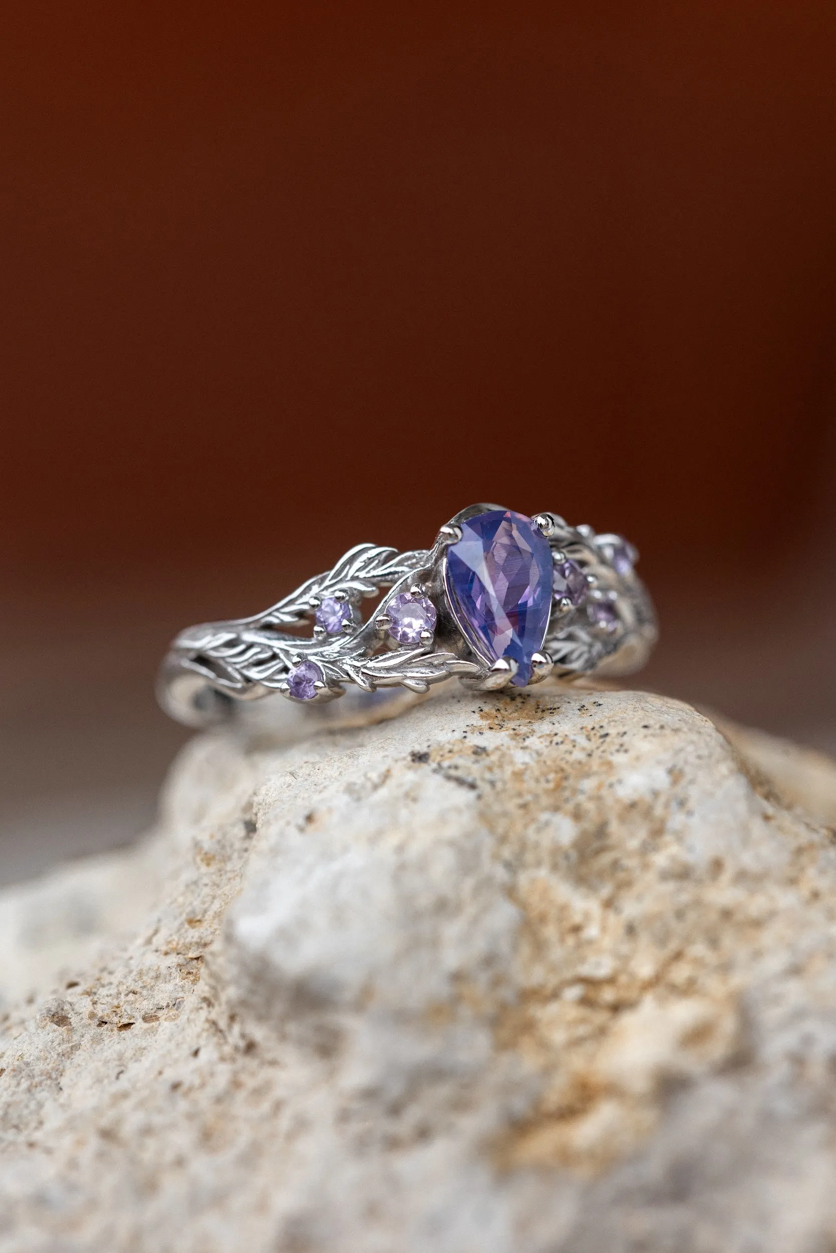 Opalescent purple sapphires bridal ring set, white gold branch stacking rings / Japanese Maple