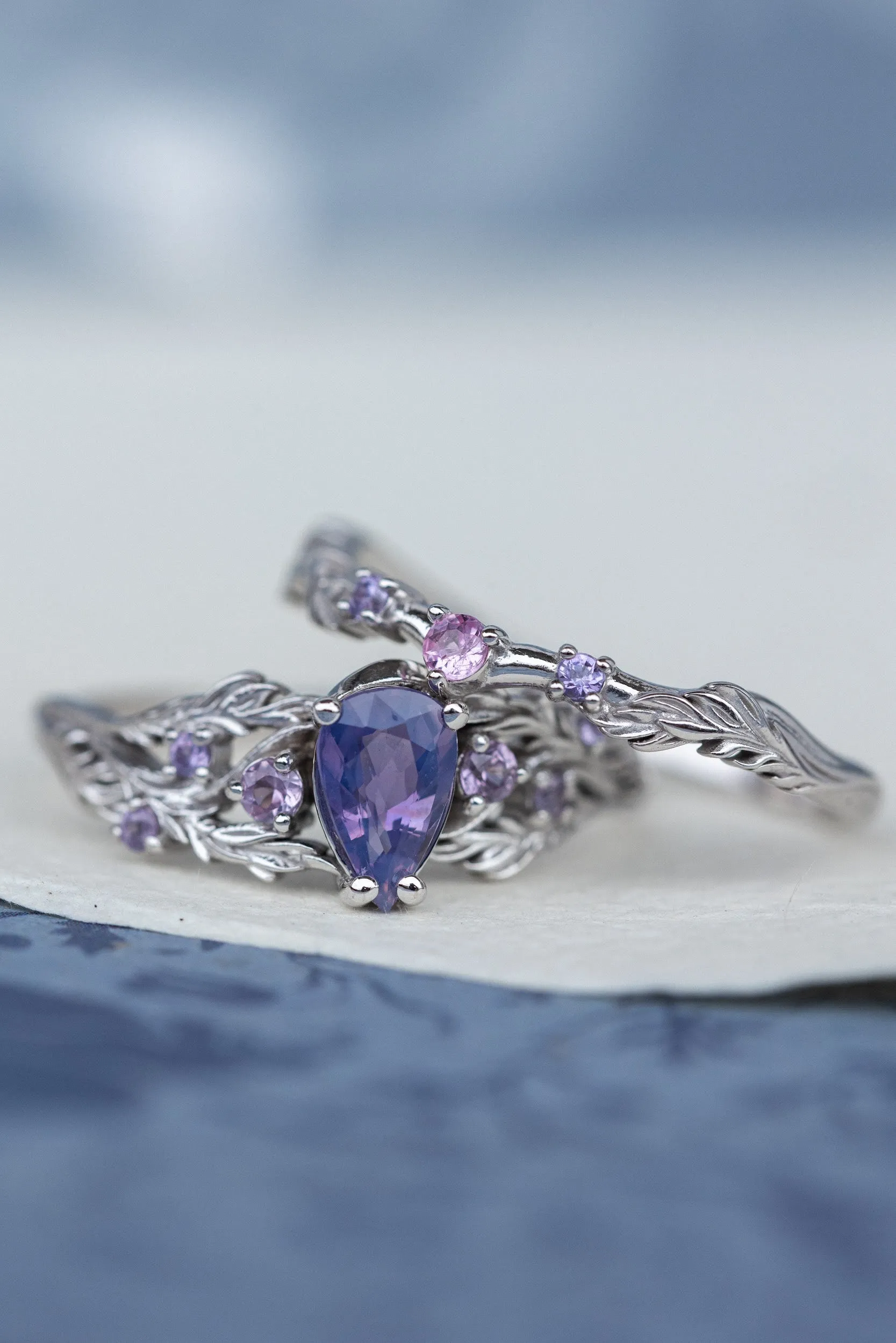 Opalescent purple sapphires bridal ring set, white gold branch stacking rings / Japanese Maple