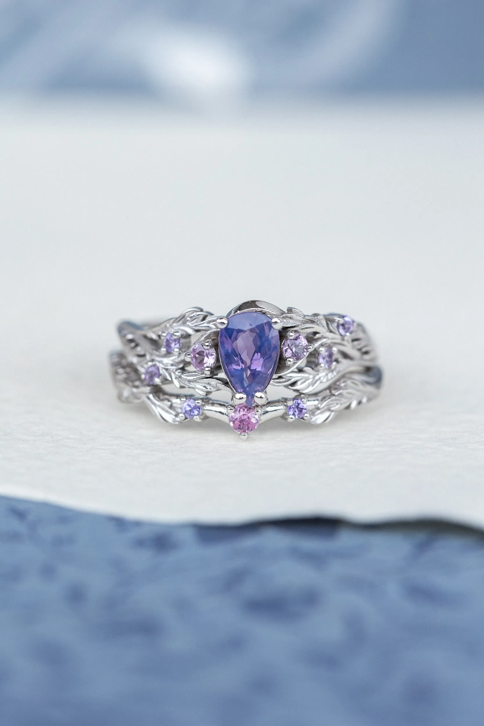 Opalescent purple sapphires bridal ring set, white gold branch stacking rings / Japanese Maple