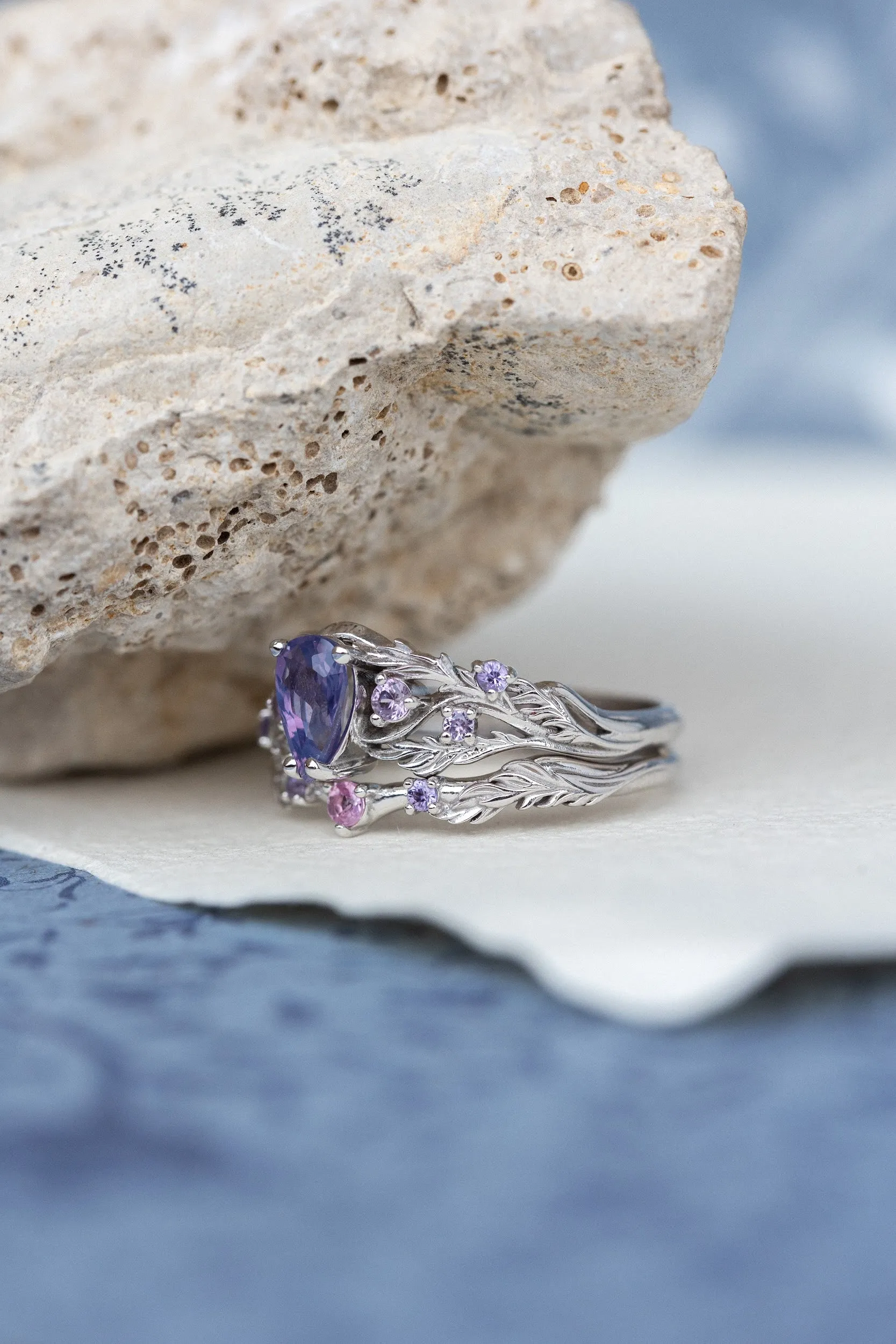 Opalescent purple sapphires bridal ring set, white gold branch stacking rings / Japanese Maple