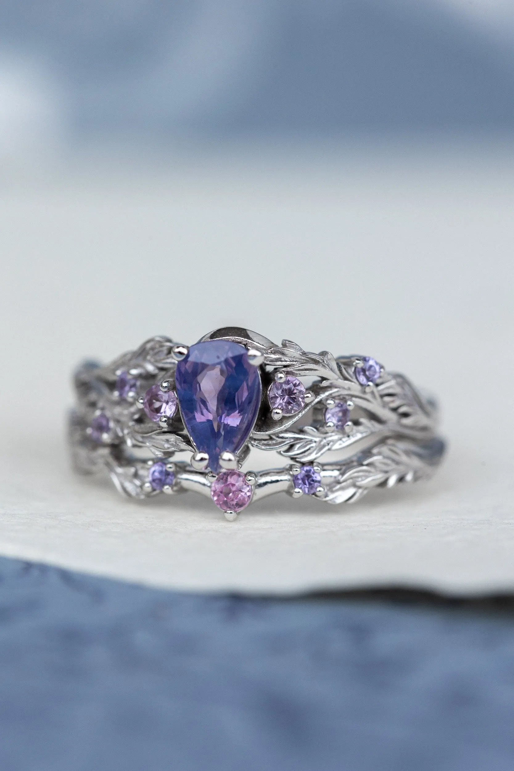 Opalescent purple sapphires bridal ring set, white gold branch stacking rings / Japanese Maple