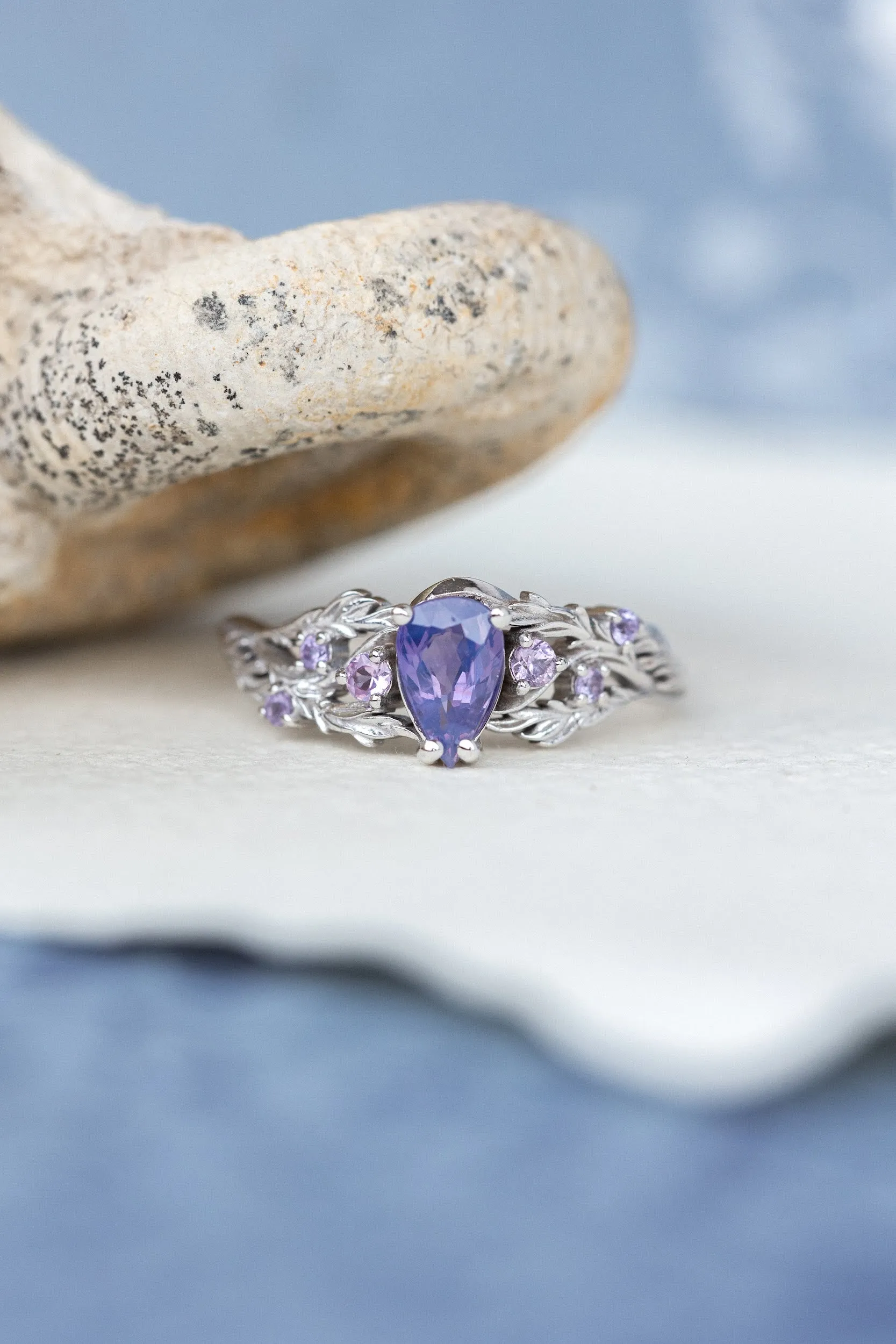 Opalescent purple sapphires bridal ring set, white gold branch stacking rings / Japanese Maple