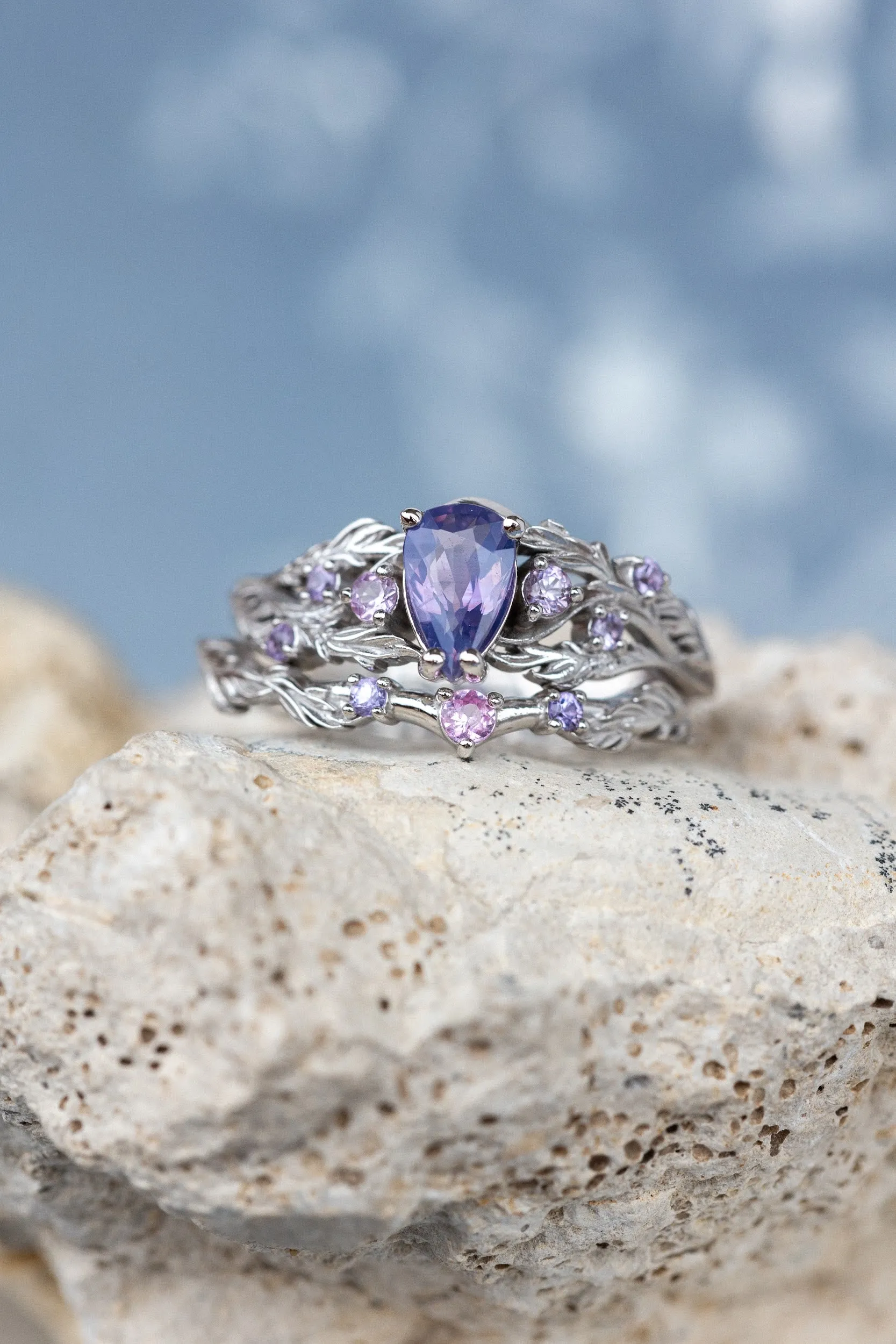 Opalescent purple sapphires bridal ring set, white gold branch stacking rings / Japanese Maple