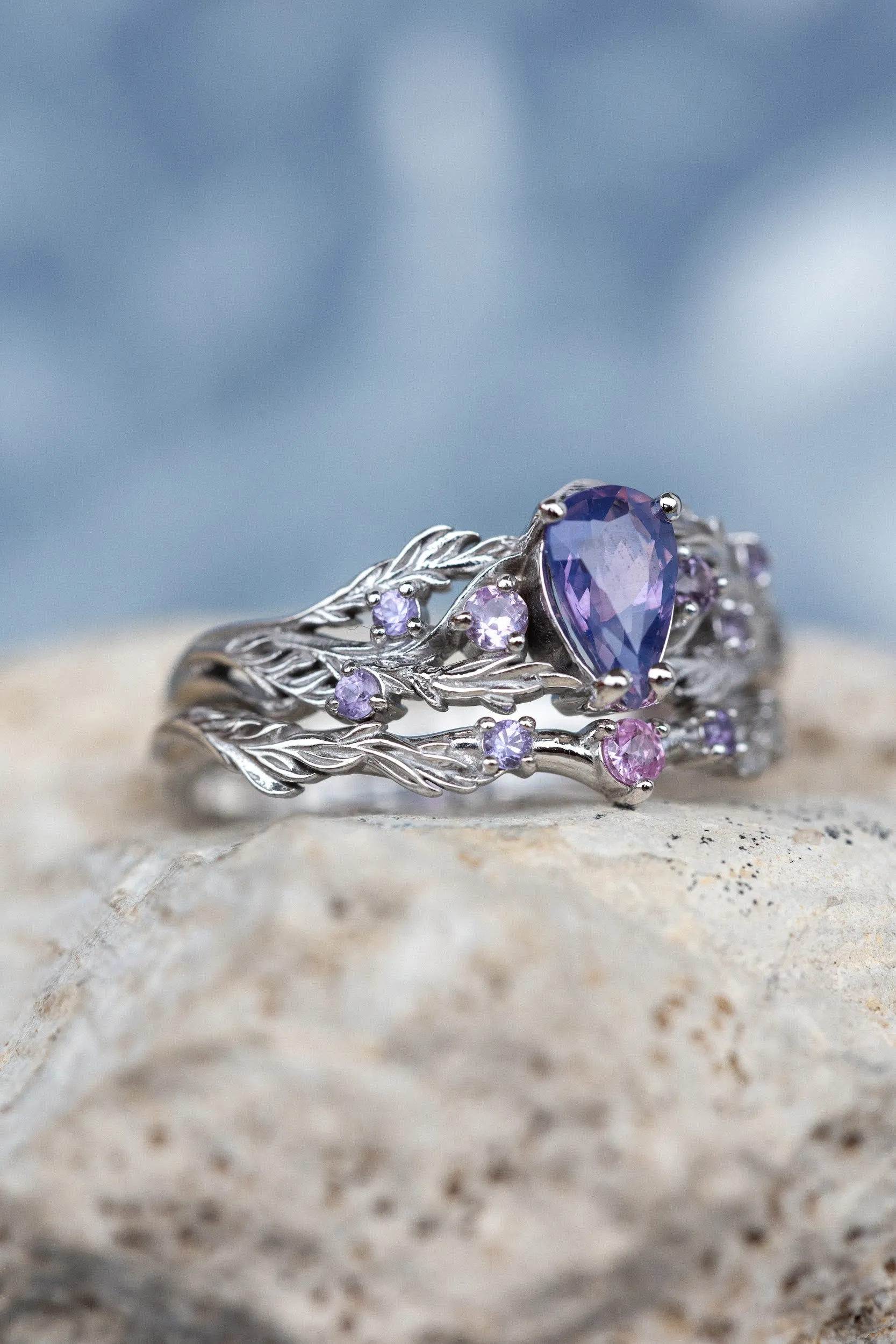 Opalescent purple sapphires bridal ring set, white gold branch stacking rings / Japanese Maple