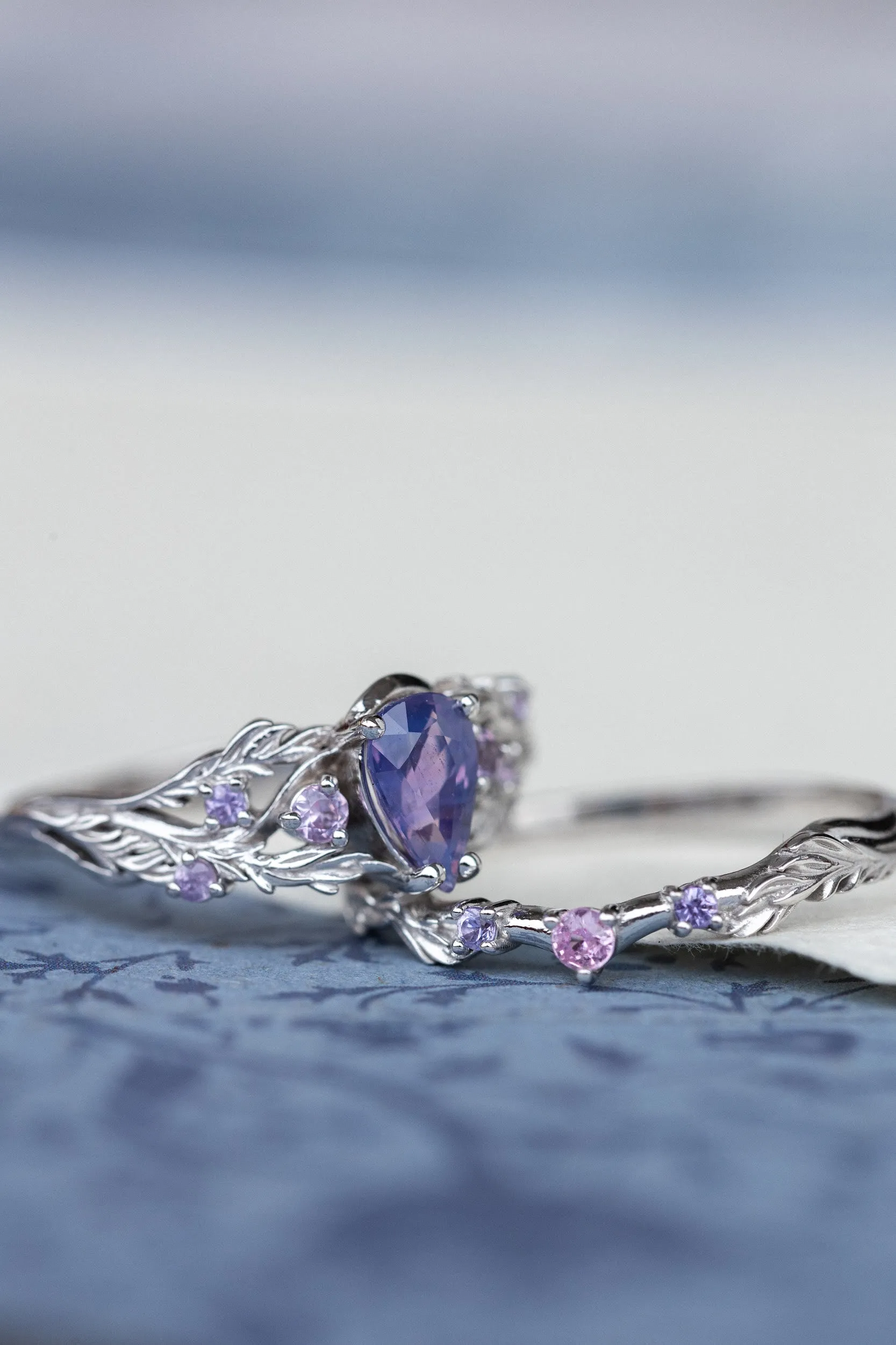 Opalescent purple sapphires bridal ring set, white gold branch stacking rings / Japanese Maple