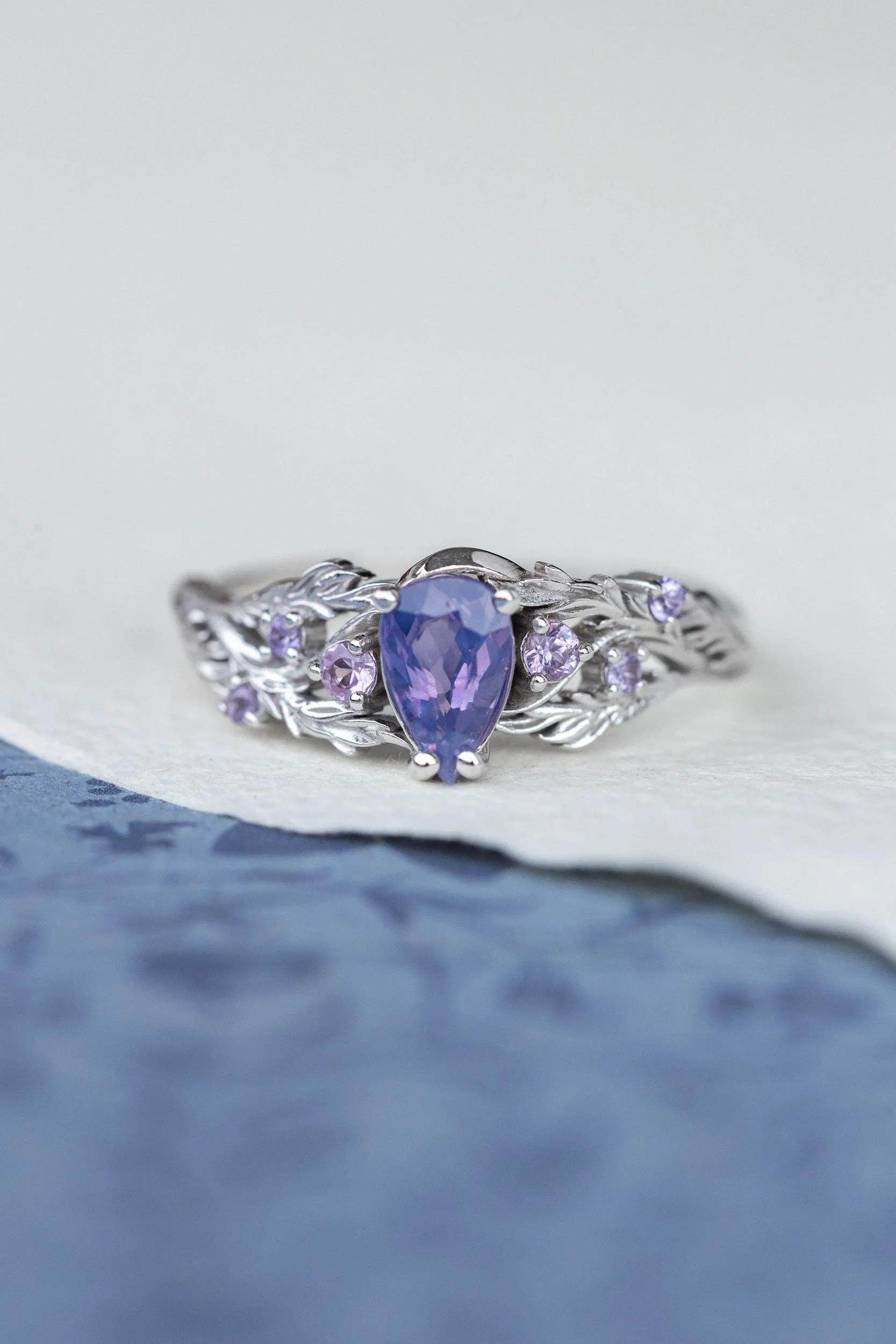 Opalescent purple sapphires bridal ring set, white gold branch stacking rings / Japanese Maple