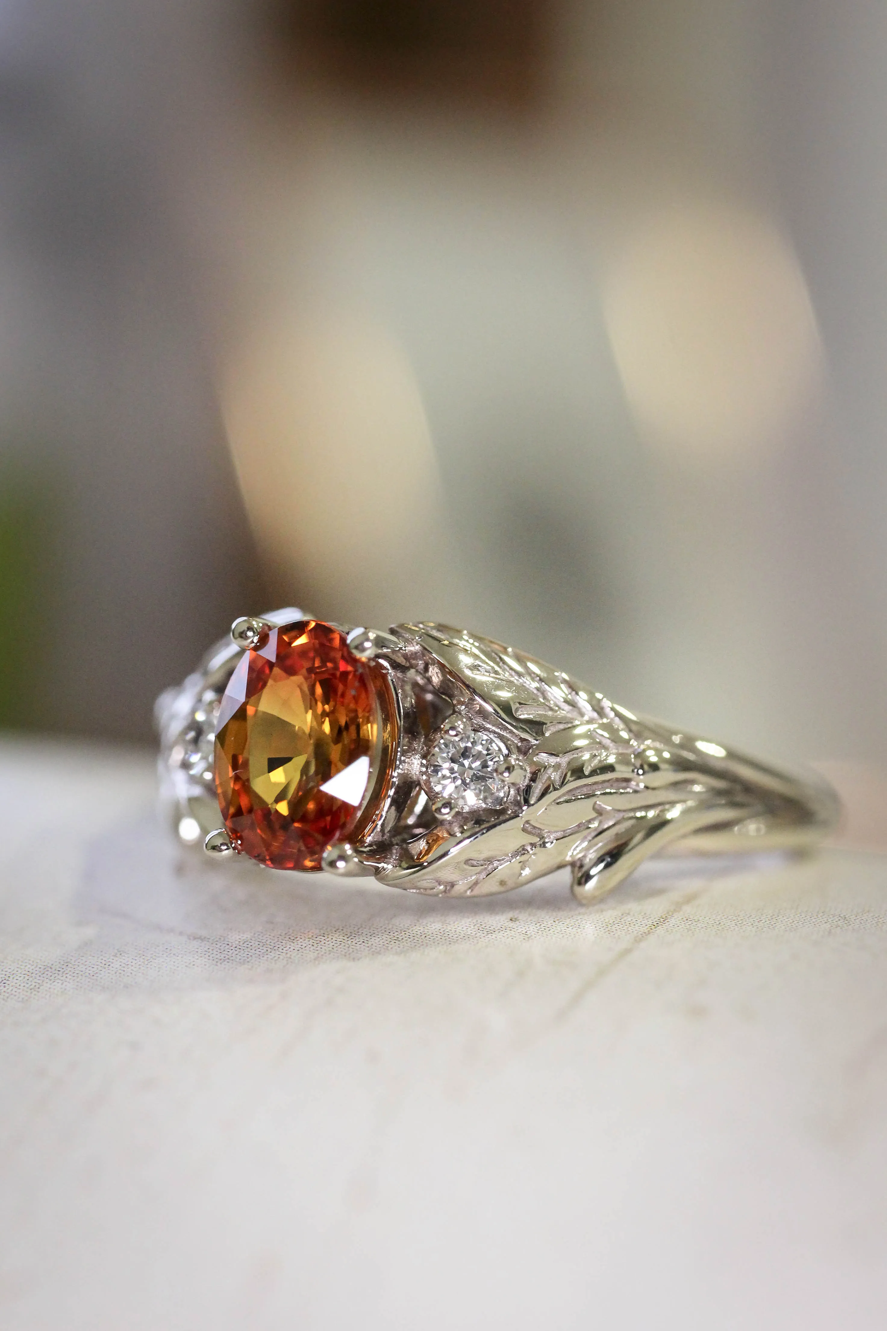 Orange sapphire engagement ring with diamonds, leaf engagement ring / Wisteria