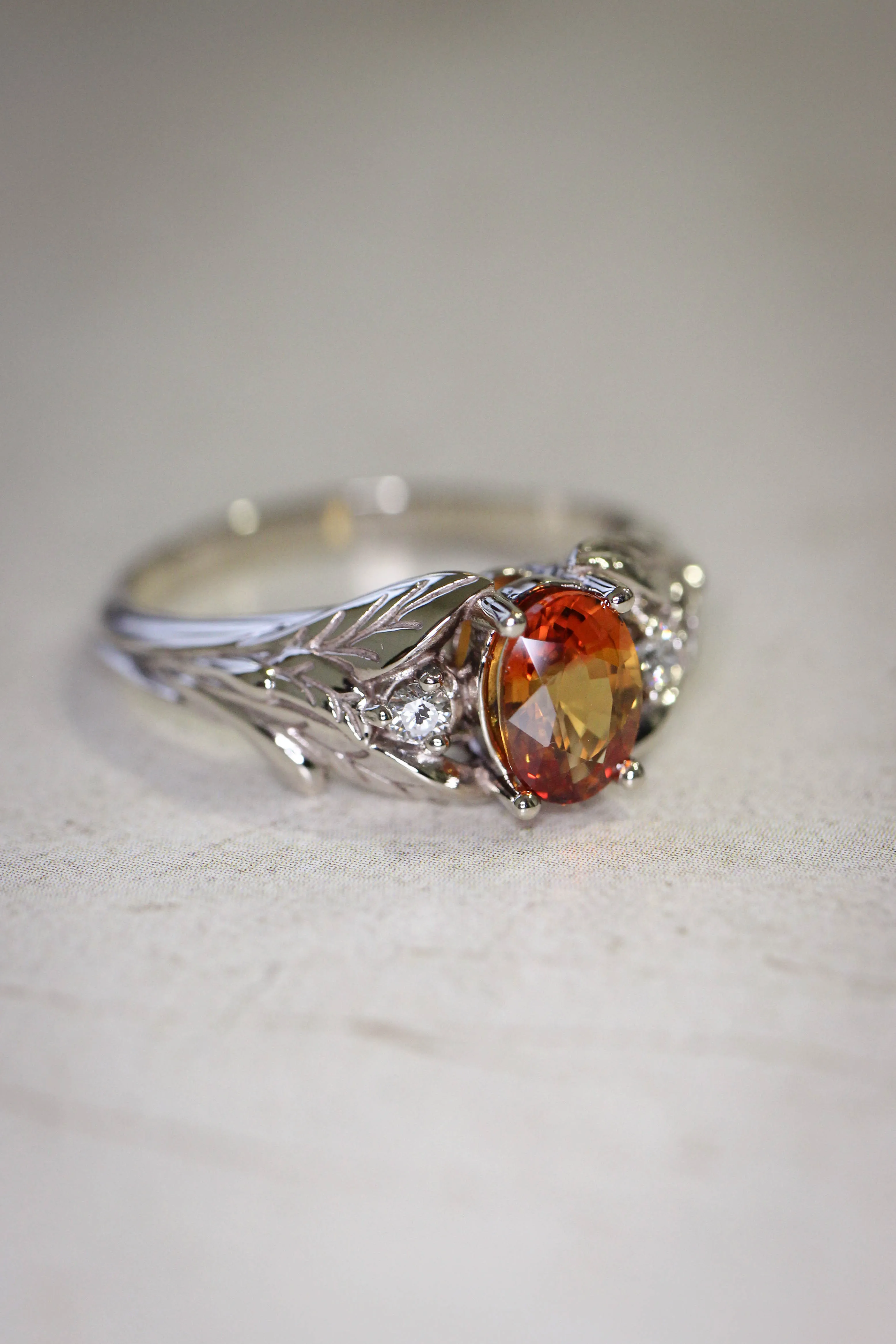 Orange sapphire engagement ring with diamonds, leaf engagement ring / Wisteria