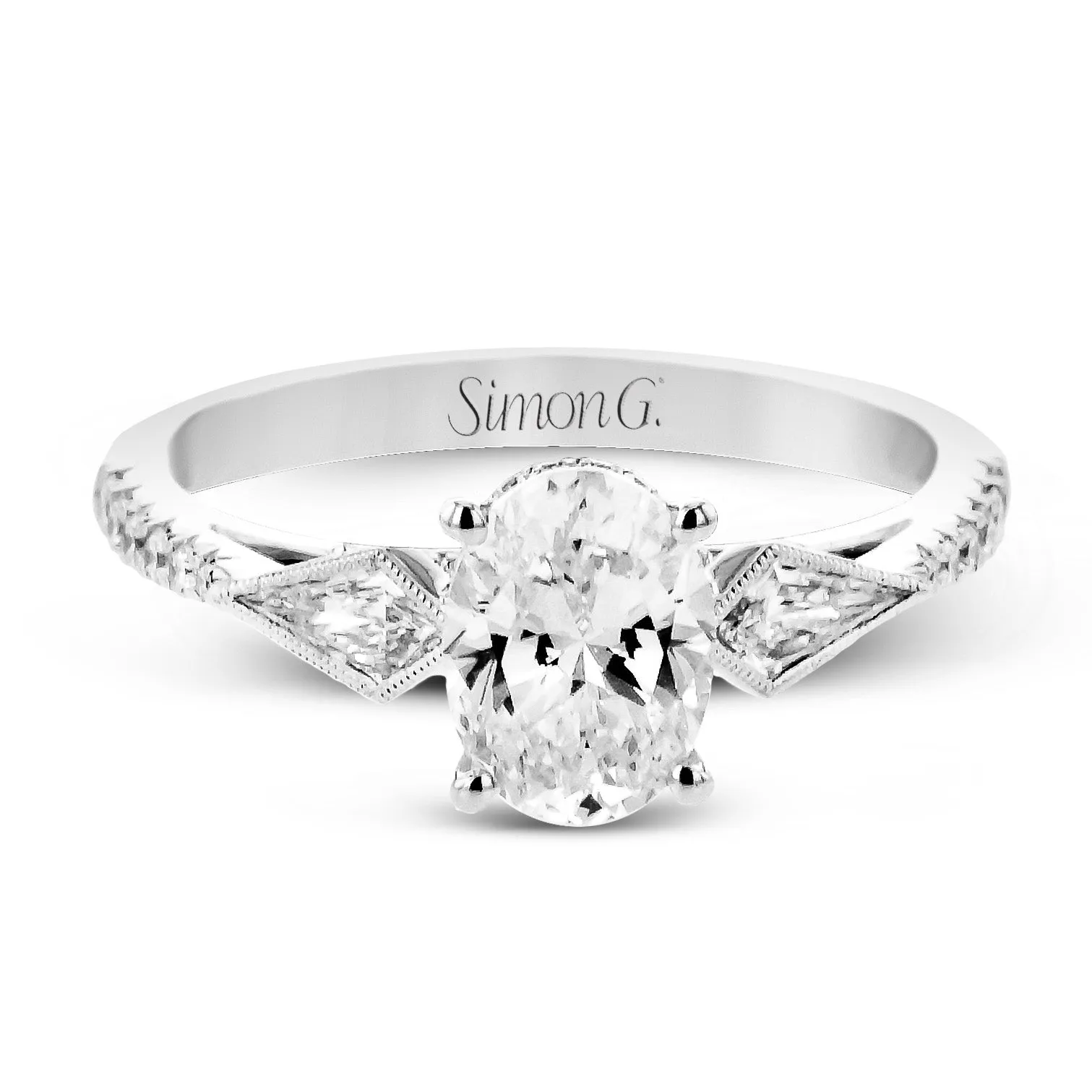 Oval-Cut Three-Stone Engagement Ring In 18k White Gold With Diamonds