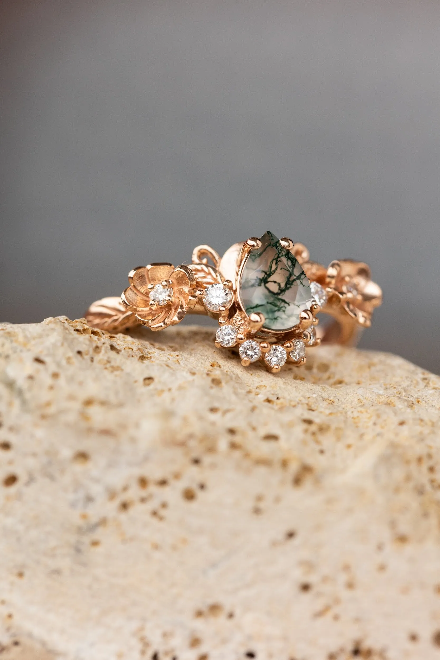 Pear moss agate engagement ring with half-halo diamond, rose gold flower proposal ring / Adelina