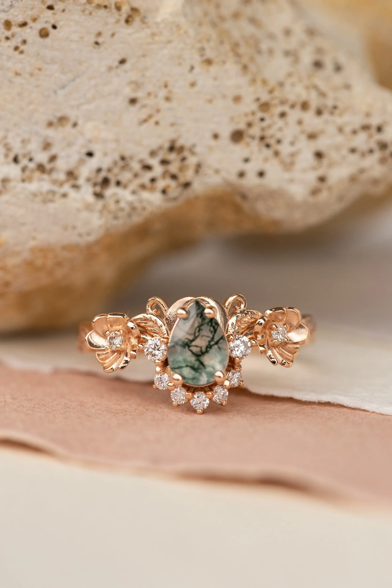 Pear moss agate engagement ring with half-halo diamond, rose gold flower proposal ring / Adelina